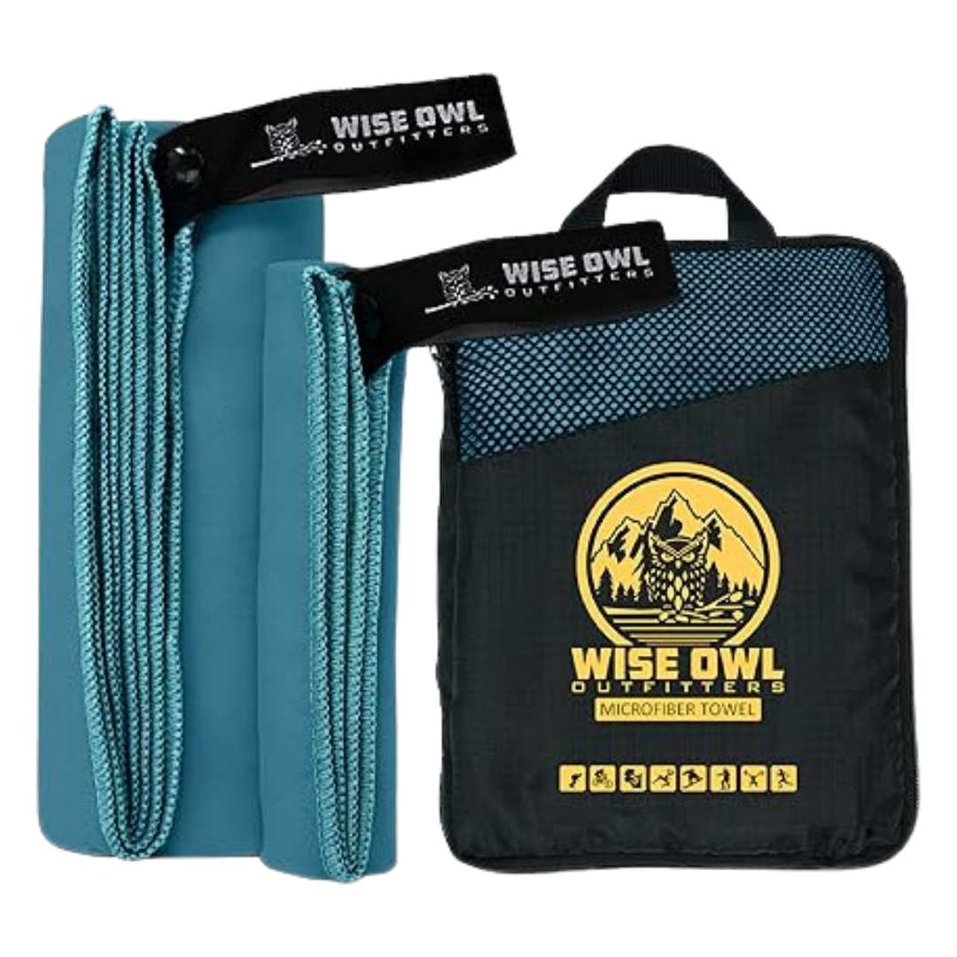 Teal Wise Owl Microfiber towel with additional wash cloth in a zippered pouch