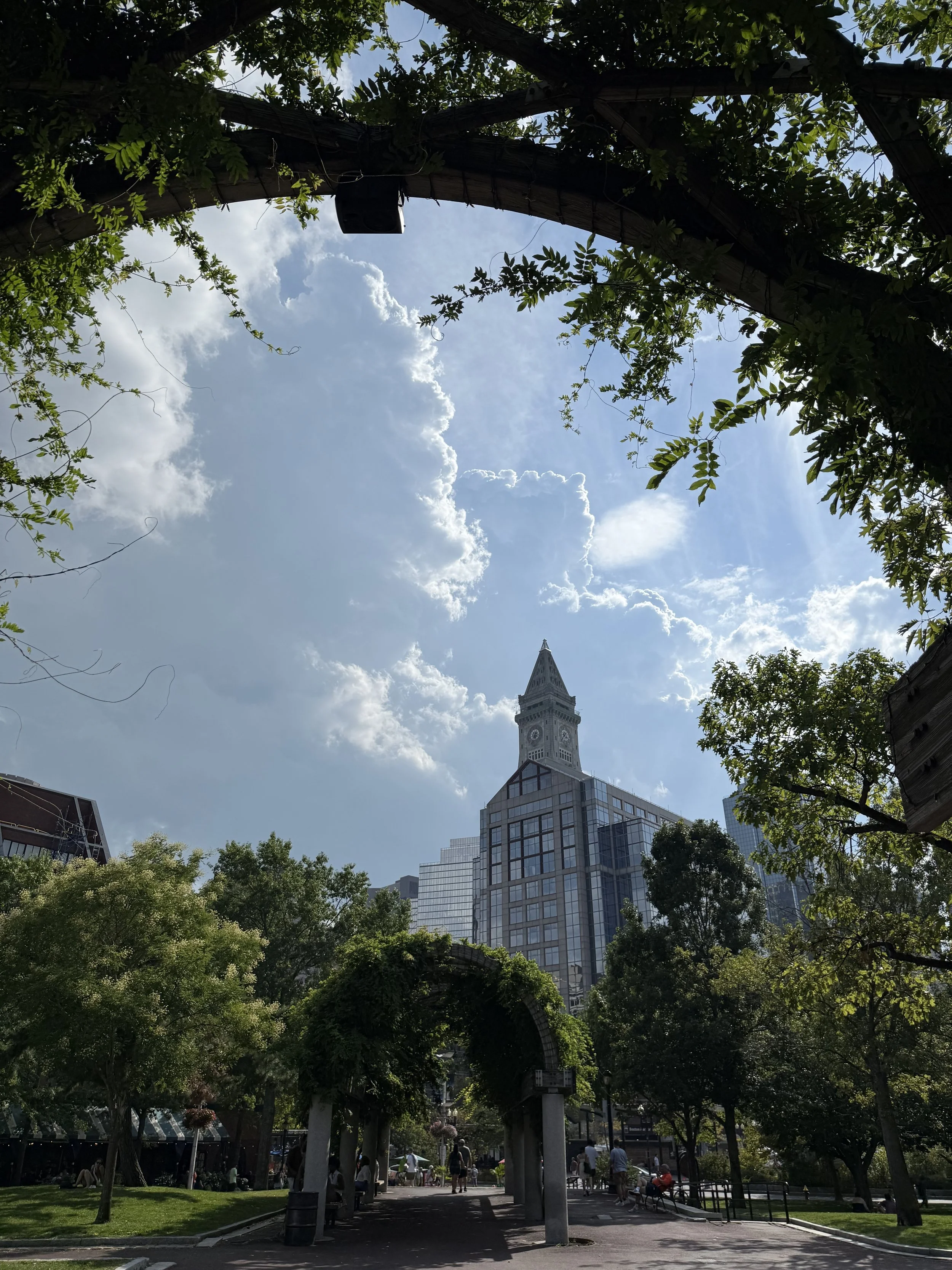 View of building with clock from the Columbus Park Trellis