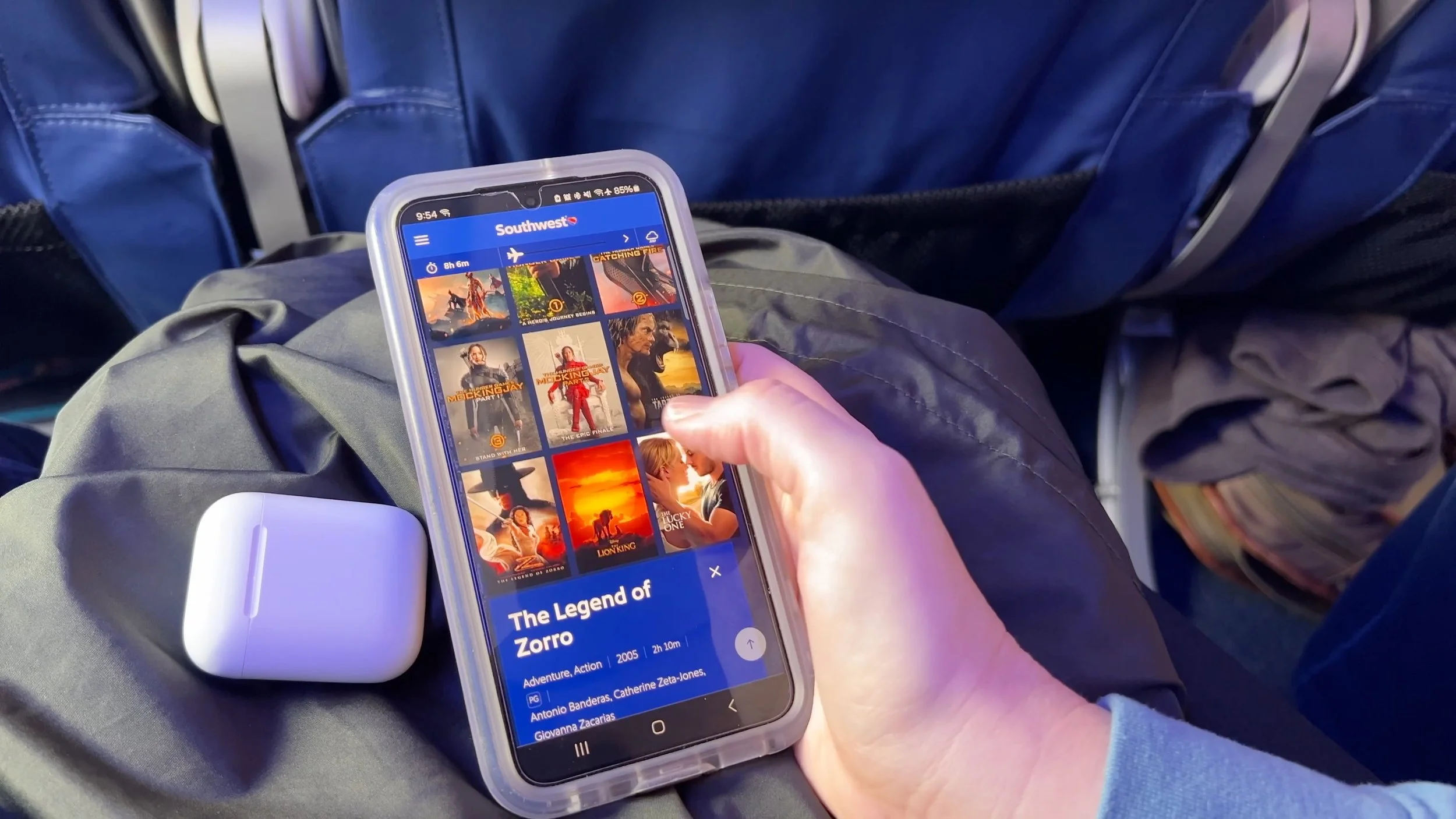Scrolling through in-flight entertainment on Southwest app