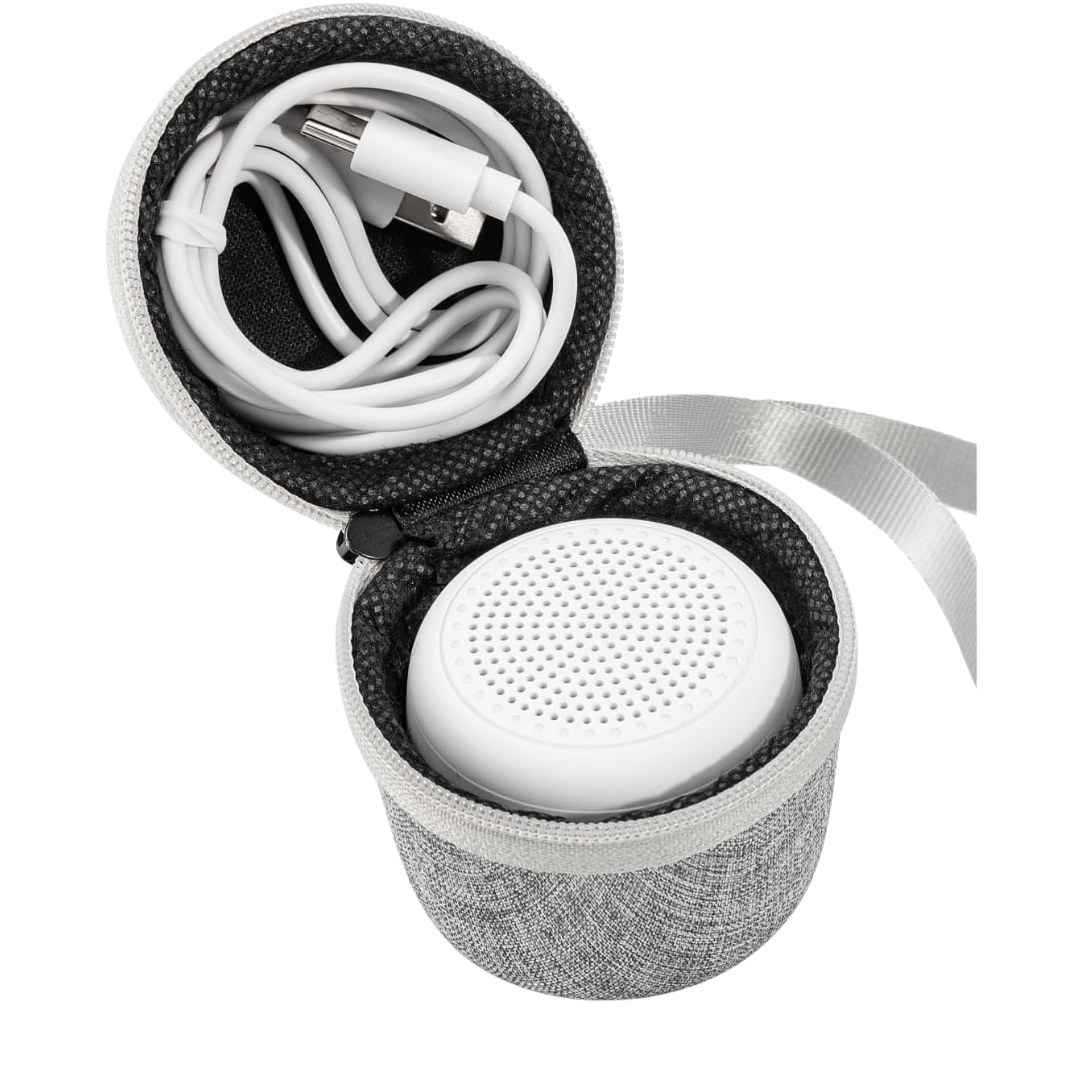 A small cylindrical Bluetooth speaker inside a zipped fabric carrying case, with a white charging cable inside the case.