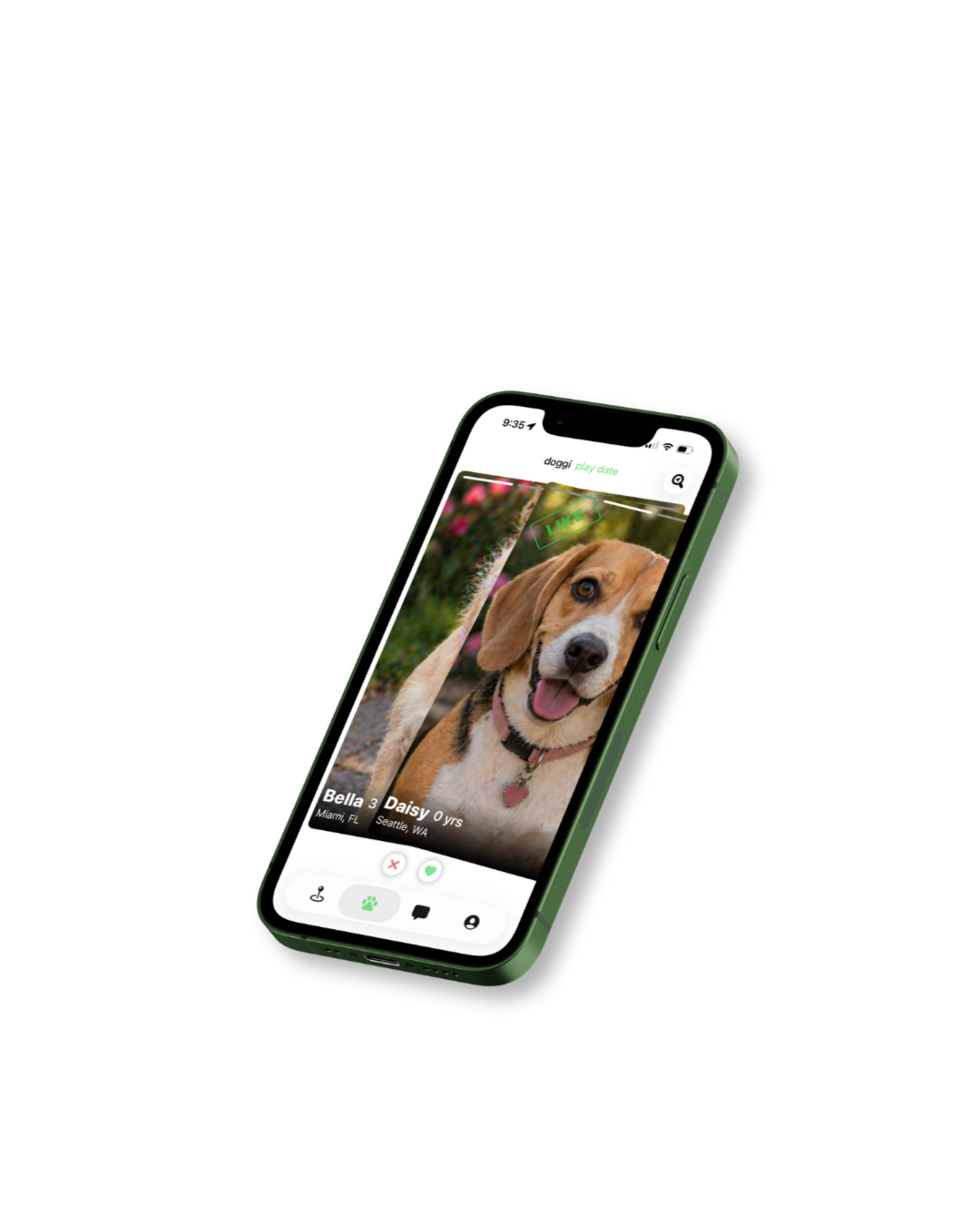 Smartphone screen showing a dog profile on a pet dating app, with a picture of a happy beagle and options to swipe left or right.