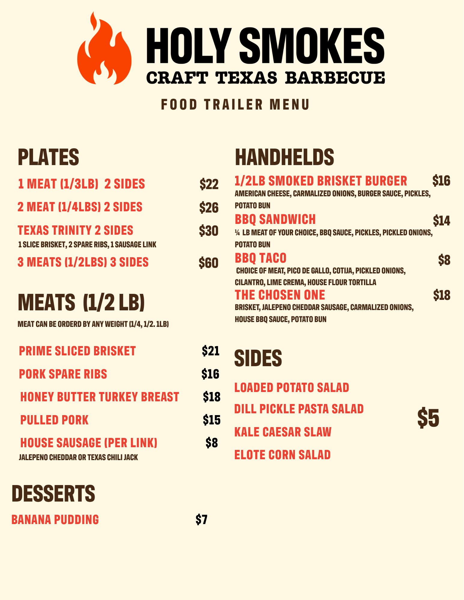 Holy Smokes BBQ food trailer Menu