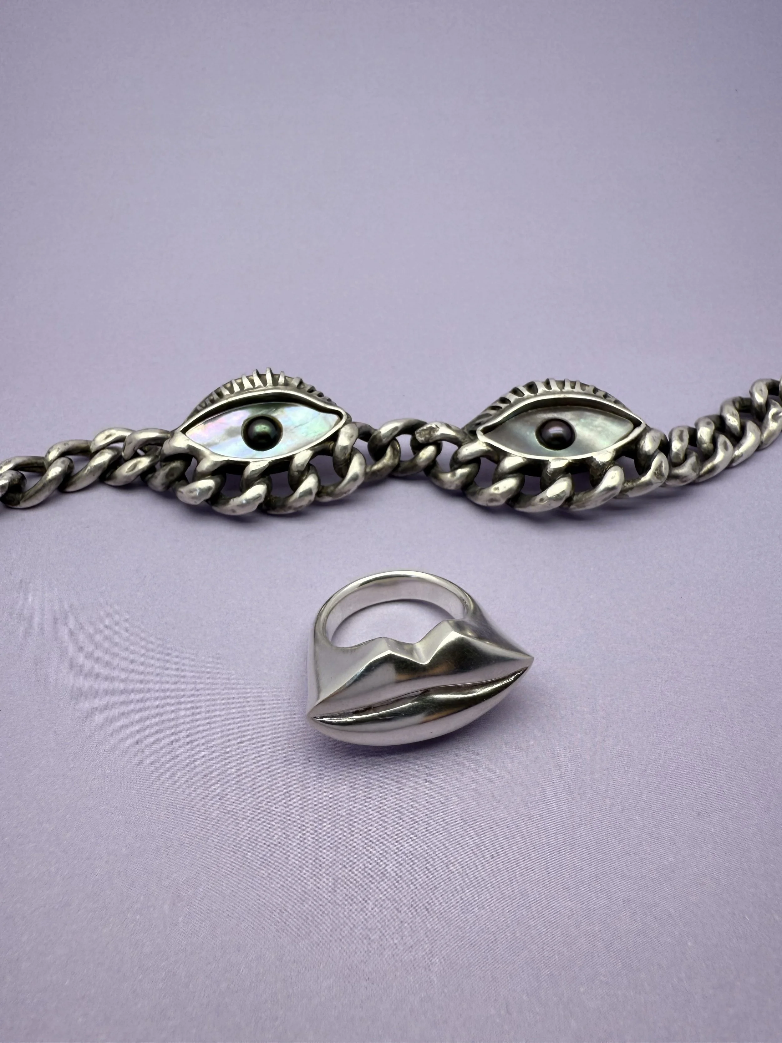 Armband Ring Auge Mund Lippen Silber Perlmutt Perle