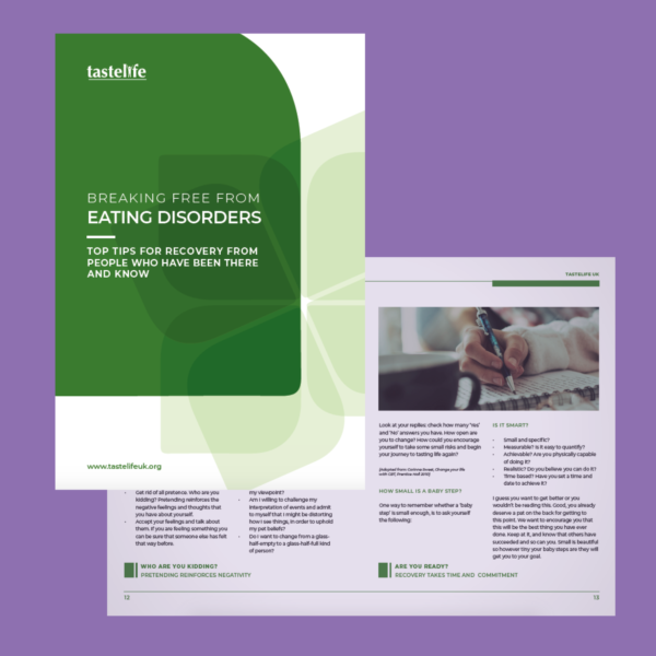 Open booklet titled "Breaking Free from Eating Disorders" with tips for recovery, featuring a photo of someone writing in a notebook.