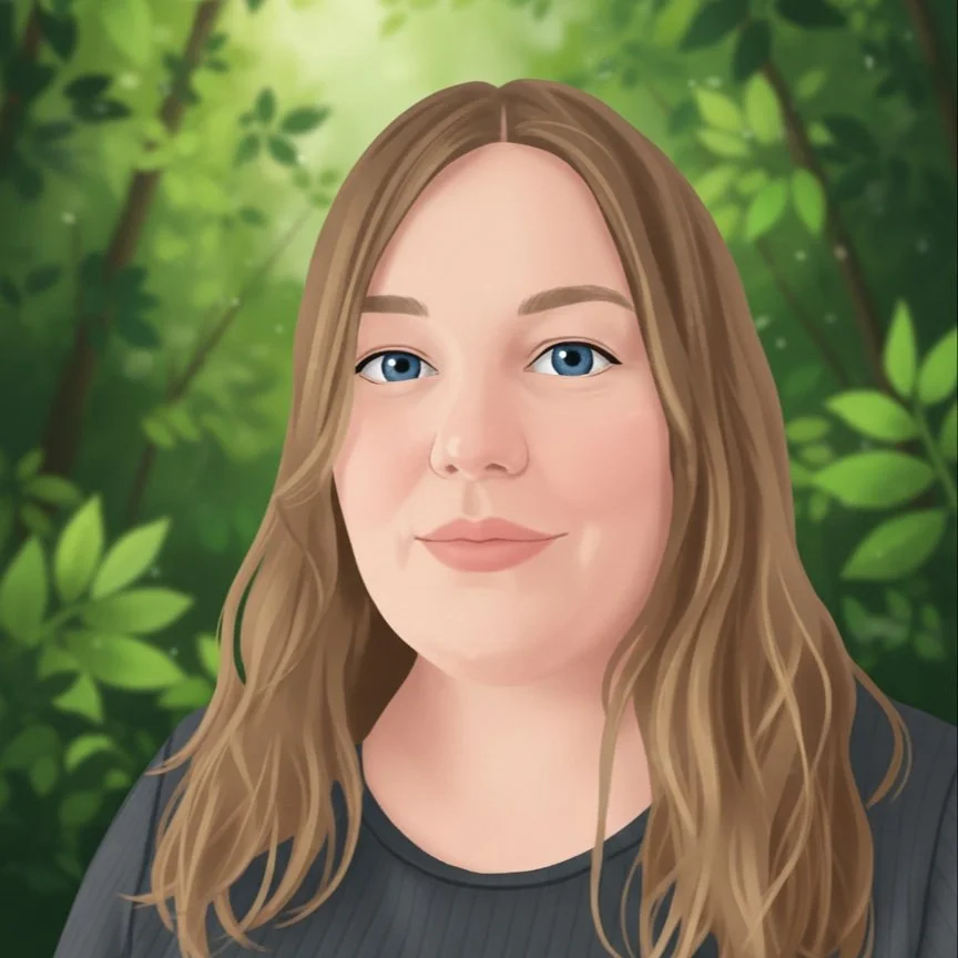Digital illustration of a woman with long wavy blonde hair and blue eyes, wearing a dark top, standing outdoors with green foliage in the background.