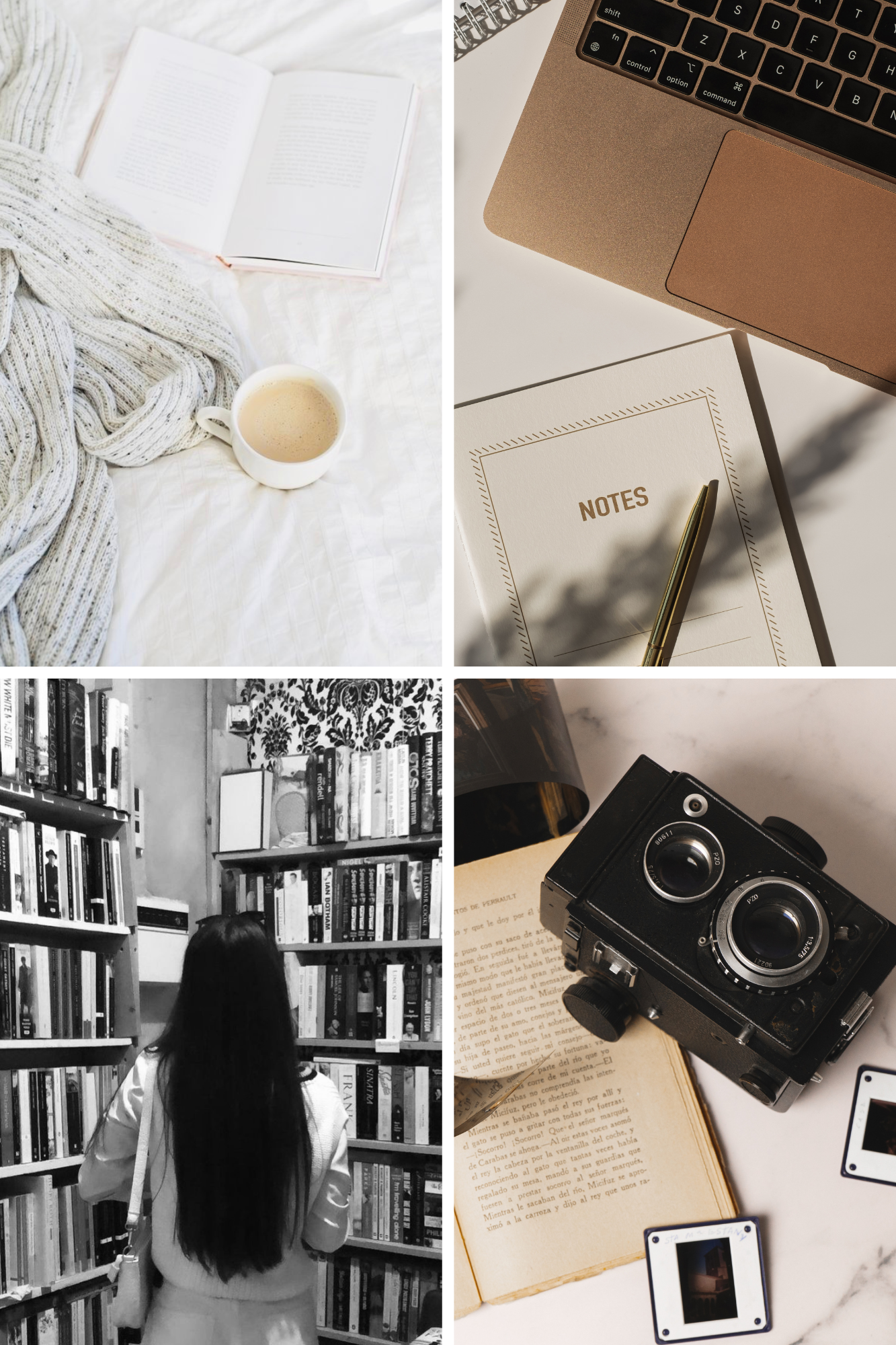 A collage of four images. The top left shows an open book, a cup of coffee, and a knitted blanket on a bed. The top right features a laptop, a notebook labeled "Notes," and a pen on a white surface. The bottom left displays a person with long dark hair standing in front of bookshelves in a library or bookstore, with books visible. The bottom right shows a vintage camera, an open book, and two small screens displaying images, all on a marble surface.