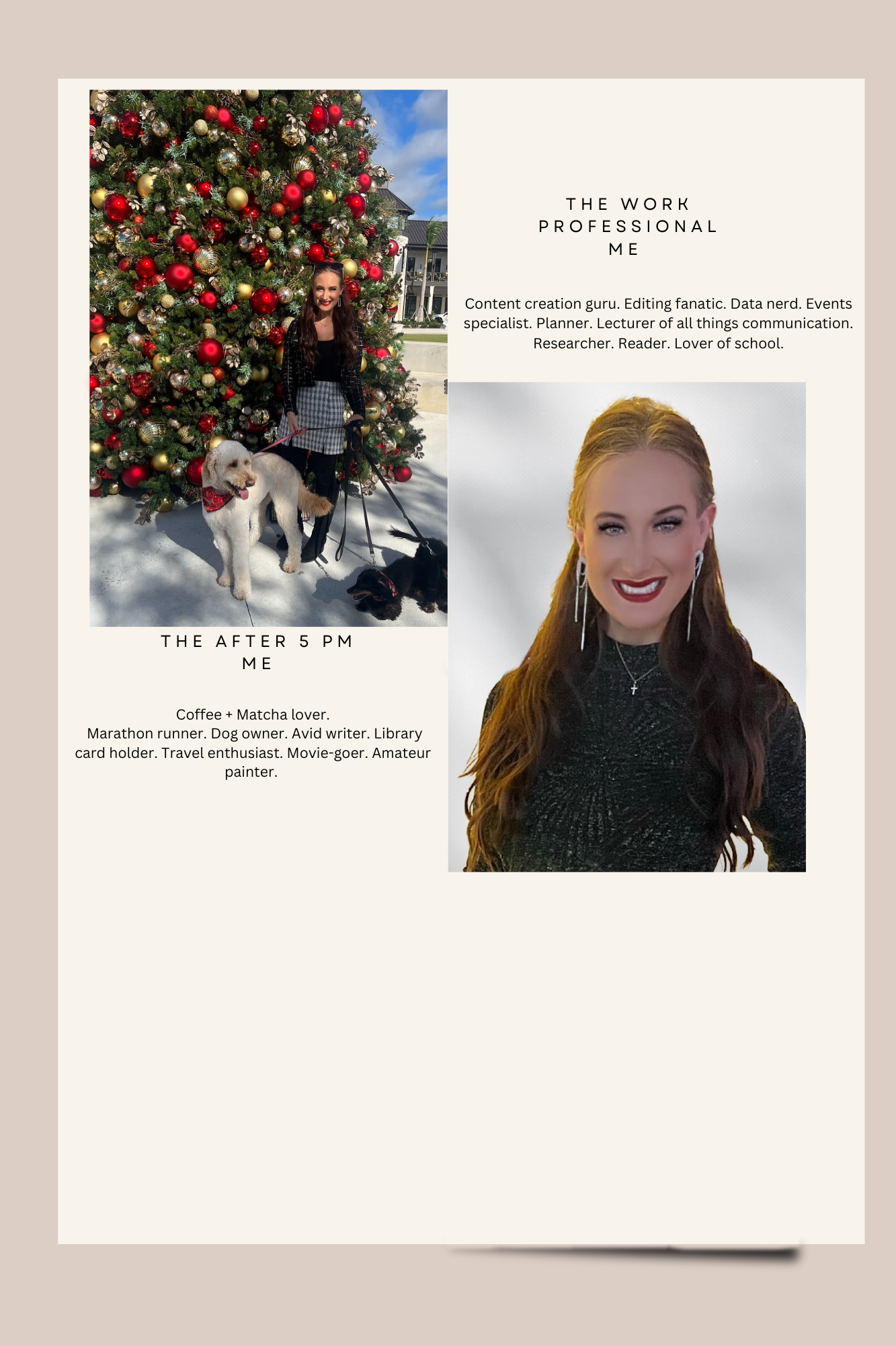 A collage-style digital profile featuring a woman with long dark hair smiling in front of a large decorated Christmas tree with red and gold ornaments, with two dogs on leashes in the snow; and a close-up portrait of the same woman with long brown hair, wearing a black outfit and earrings, against a plain background.