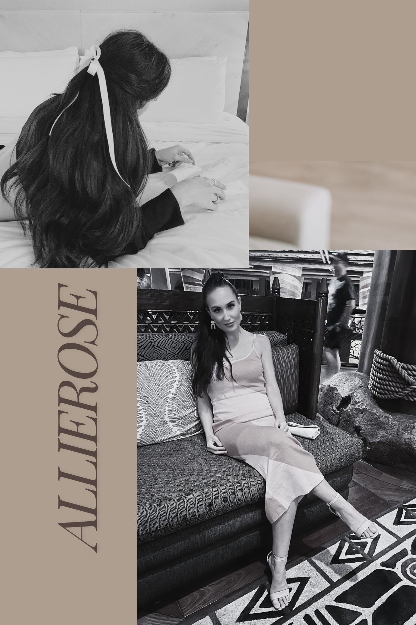 A woman with long dark hair, sitting on a patterned couch in a relaxed pose, wearing a light-colored dress and high heels, in a cozy indoor setting with rocky and wooden decor elements.