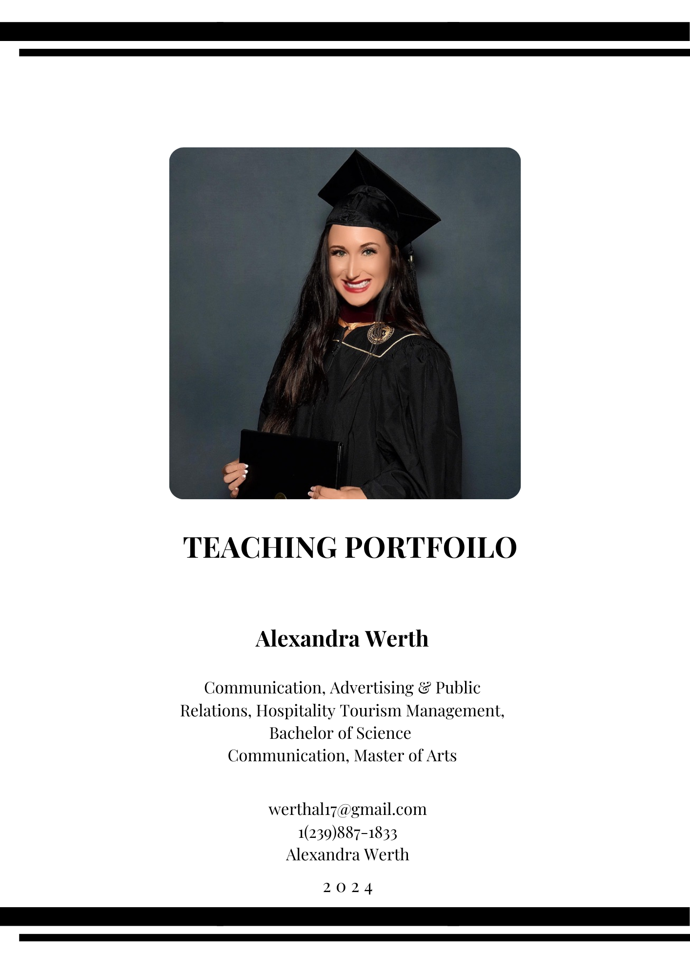 Cover page of a teaching portfolio with a photo of a woman in a graduation cap and gown, holding a diploma, smiling against a dark background.