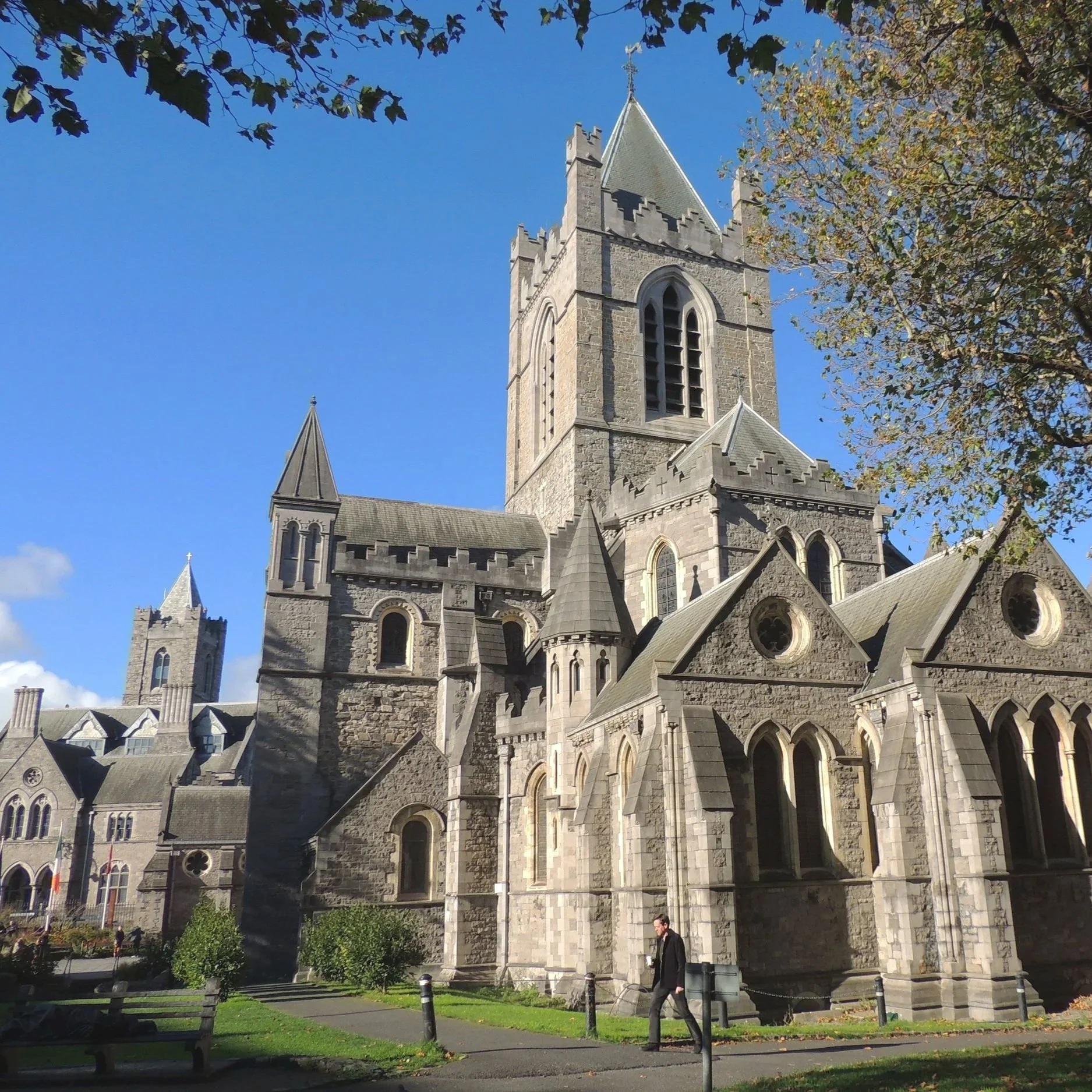 Christ Church Cathedral in Dublin, Ireland, a historic medieval cathedral known for its Gothic architecture and distinctive stone exterior.