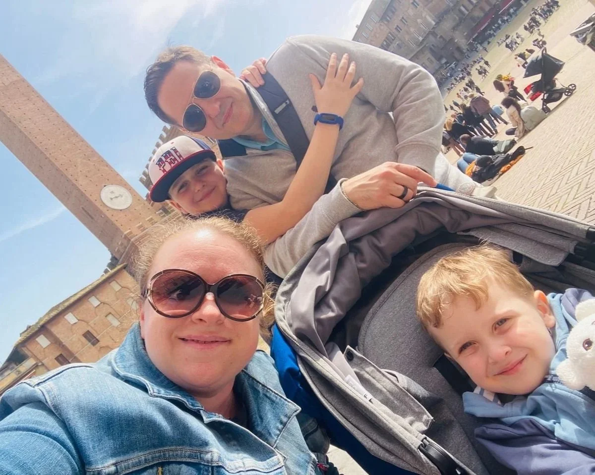 Enjoying scenic city views with the children.