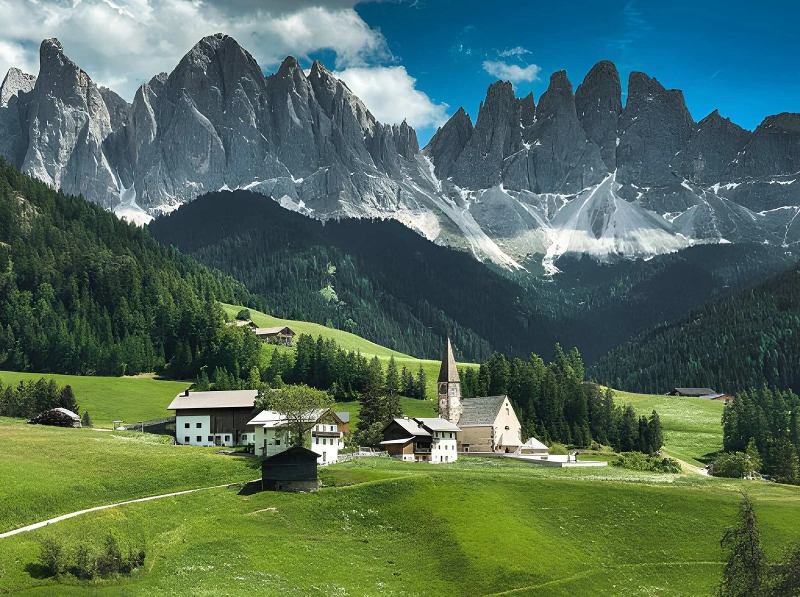 Scenic view of Saint Magdalena village with the Church of San Giovanni nestled in green pastures below the dramatic Odle mountains in the Italian Dolomites.