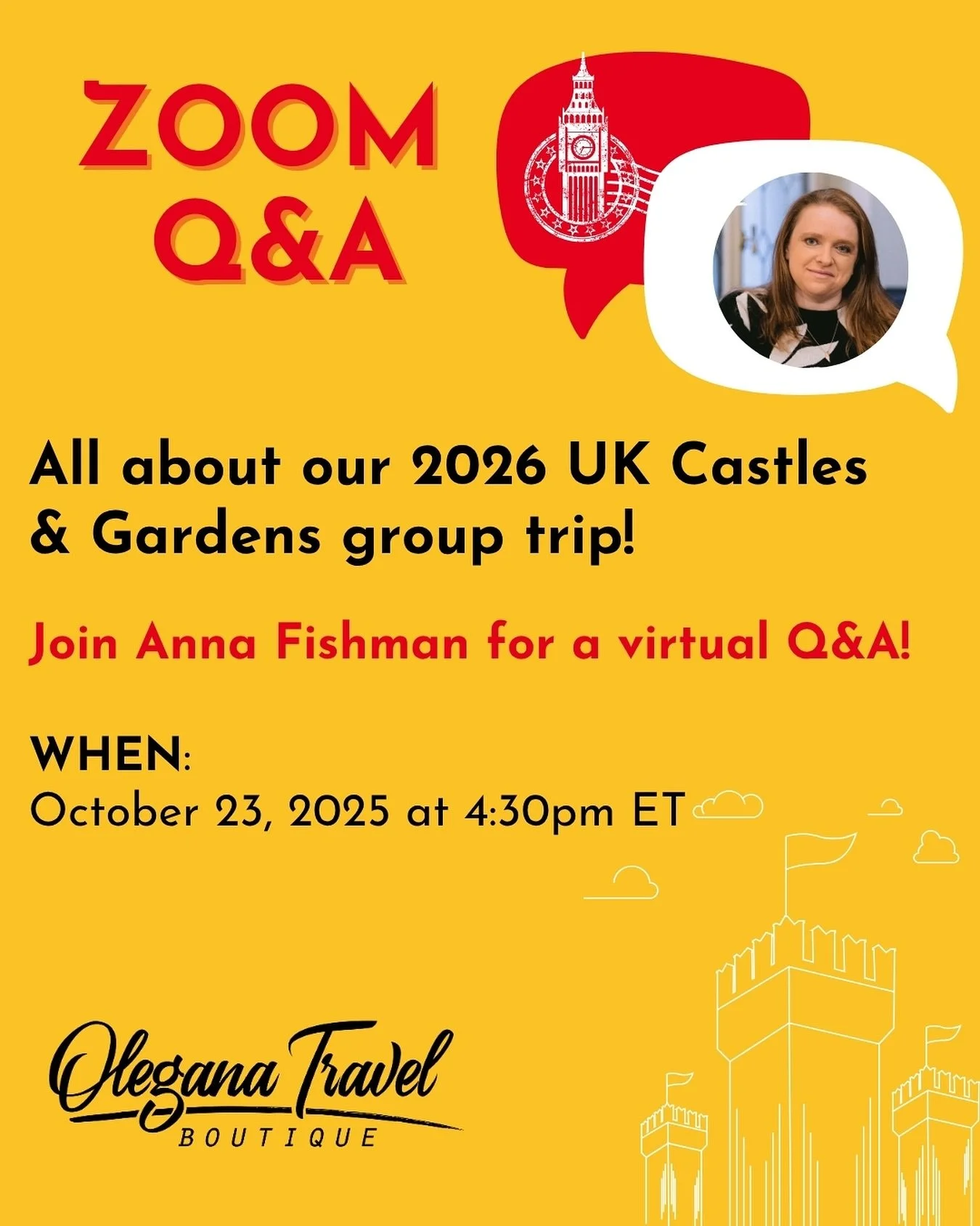 Curious about our 2026 UK Castles &amp; Gardens trip? 👑🌸
Join me, Anna Fishman, for a free live Q&amp;A on Zoom! 🇬🇧✨

I&rsquo;ll spill all the details &mdash; the dreamy England &amp; Scotland itinerary, the Chelsea Flower Show 🌷, and what makes