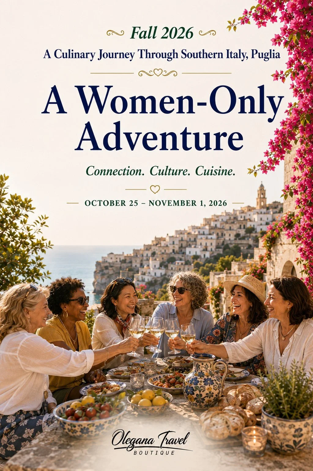 Puglia in the fall has a certain kind of magic.
Golden light, olive groves, handmade pasta, ancient towns, seaside views, and the kind of meals that somehow turn strangers into friends. 🍋✨

Join us for our Women-Only Culinary Journey Through Souther