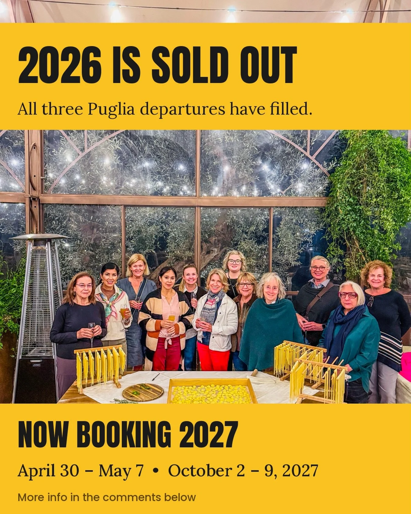 Three Puglia departures in 2026. All three gone.

I know. You meant to email me. It was on the list, somewhere under &ldquo;call the dentist&rdquo; and &ldquo;deal with the garage.&rdquo;

Good news: 2027 is open, and you&rsquo;re hearing about it fi