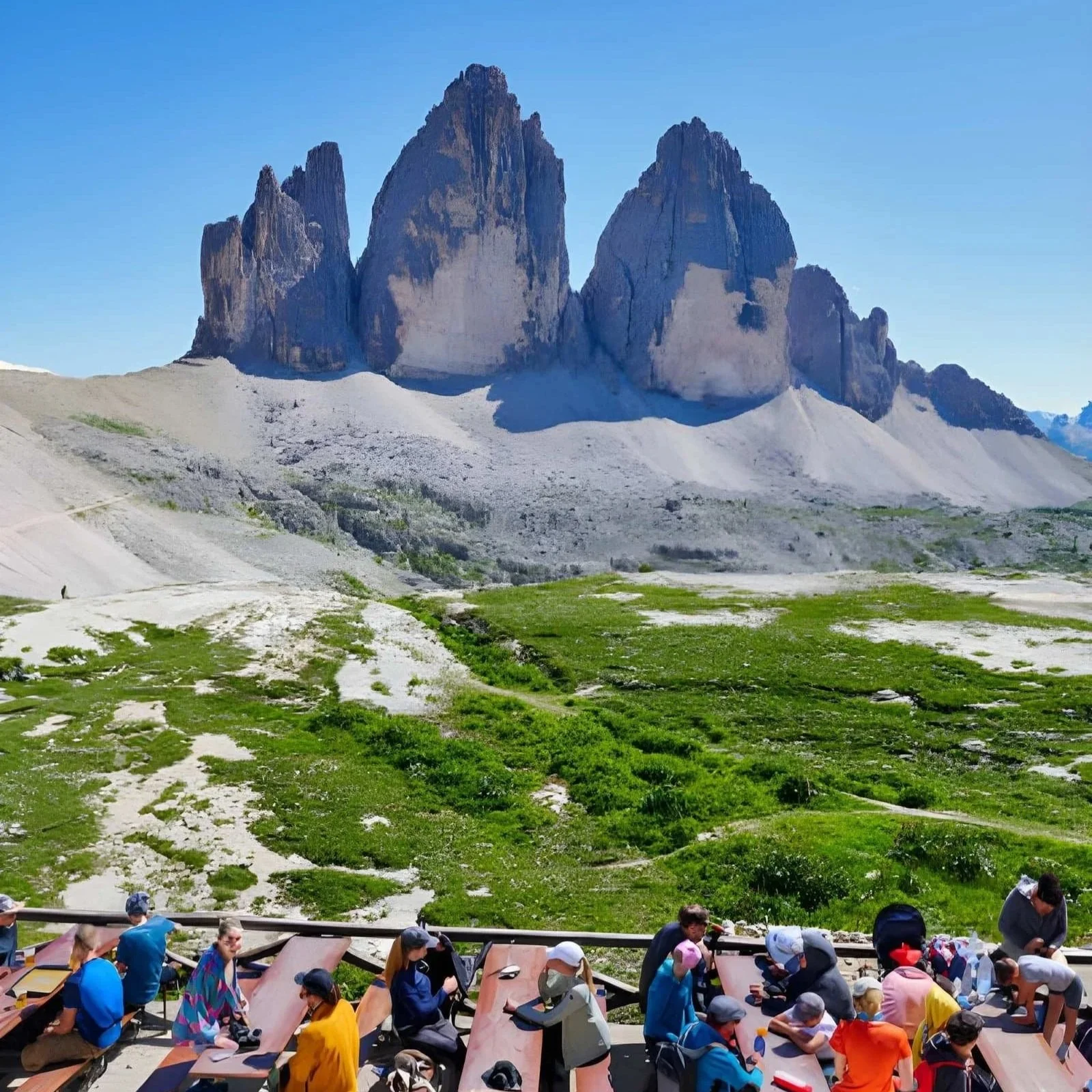 Hikers resting at picnic tables with a view of Tre Cime di Lavaredo mountain peaks in the Italian Dolomites