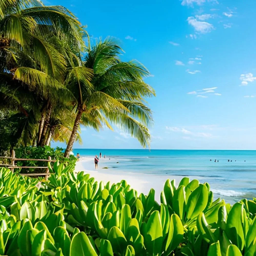Sunny tropical beach in Mexico featuring white sand, clear turquoise ocean waters, lush green palm trees, and coastal foliage under a clear blue sky.