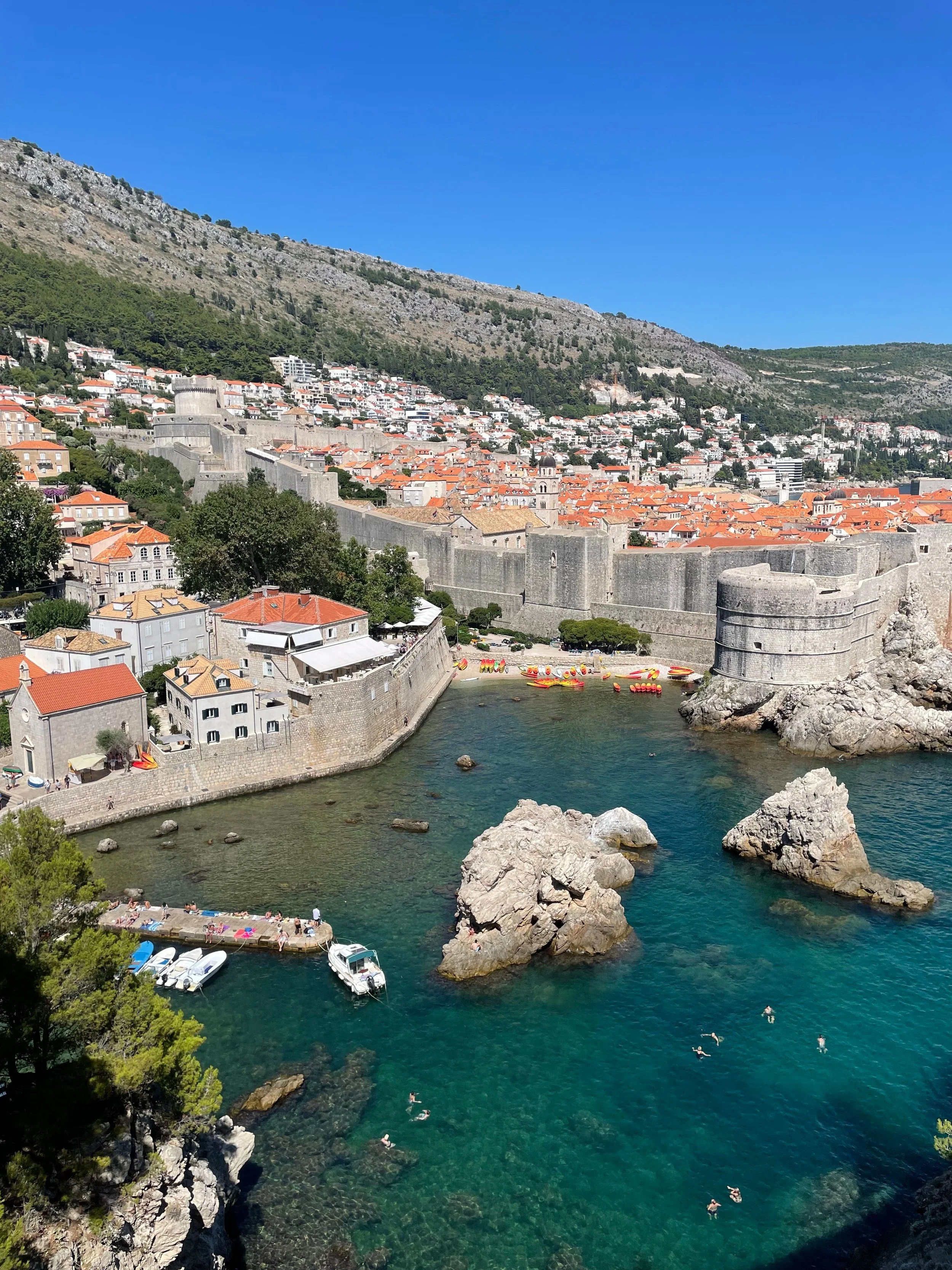 Dubrovnik, Croatia, featuring its historic city walls overlooking the blue Adriatic Sea.