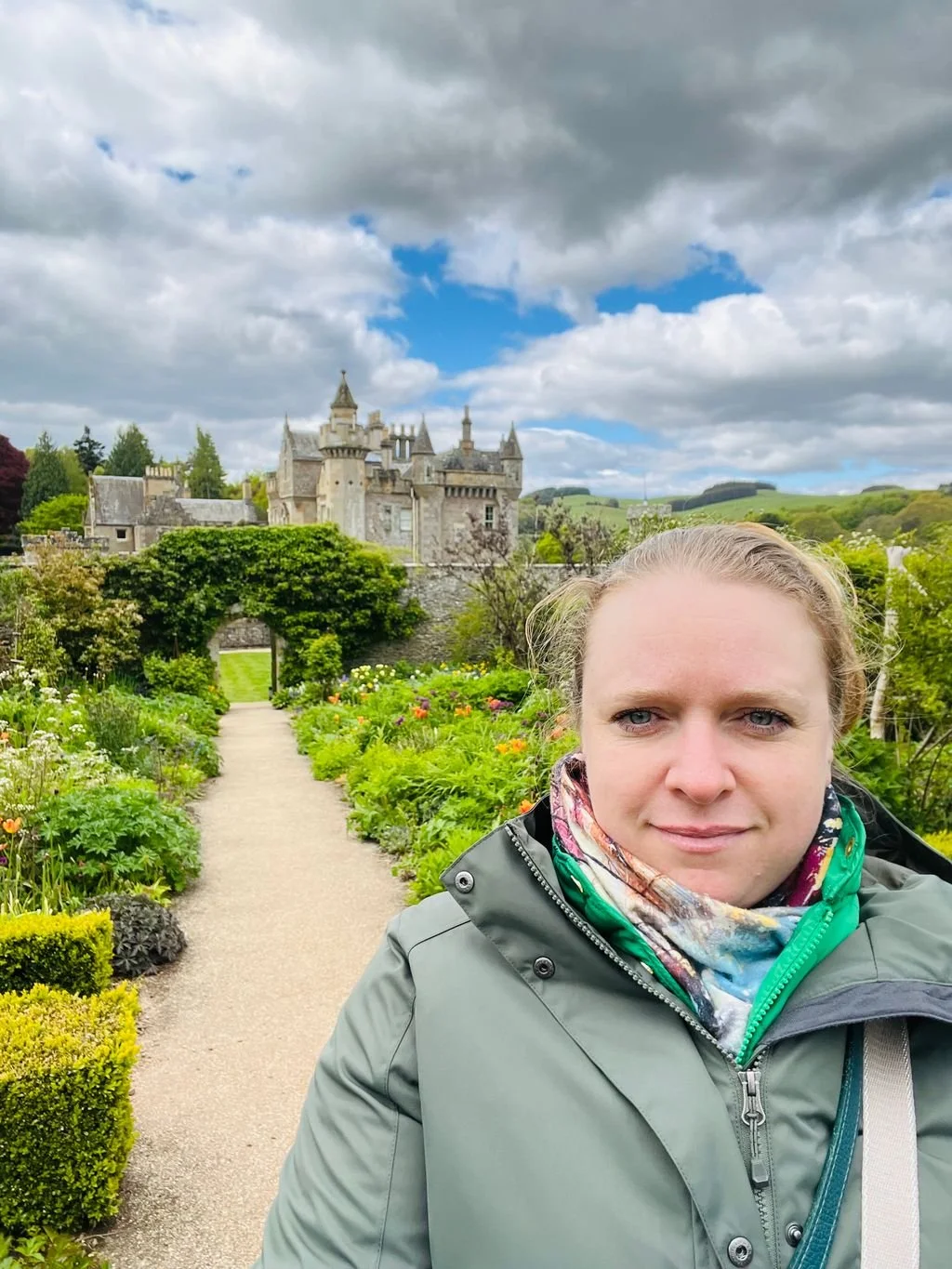 Abbotsford House, the historic former home of Sir Walter Scott, surrounded by scenic gardens in the Scottish Borders, Scotland.