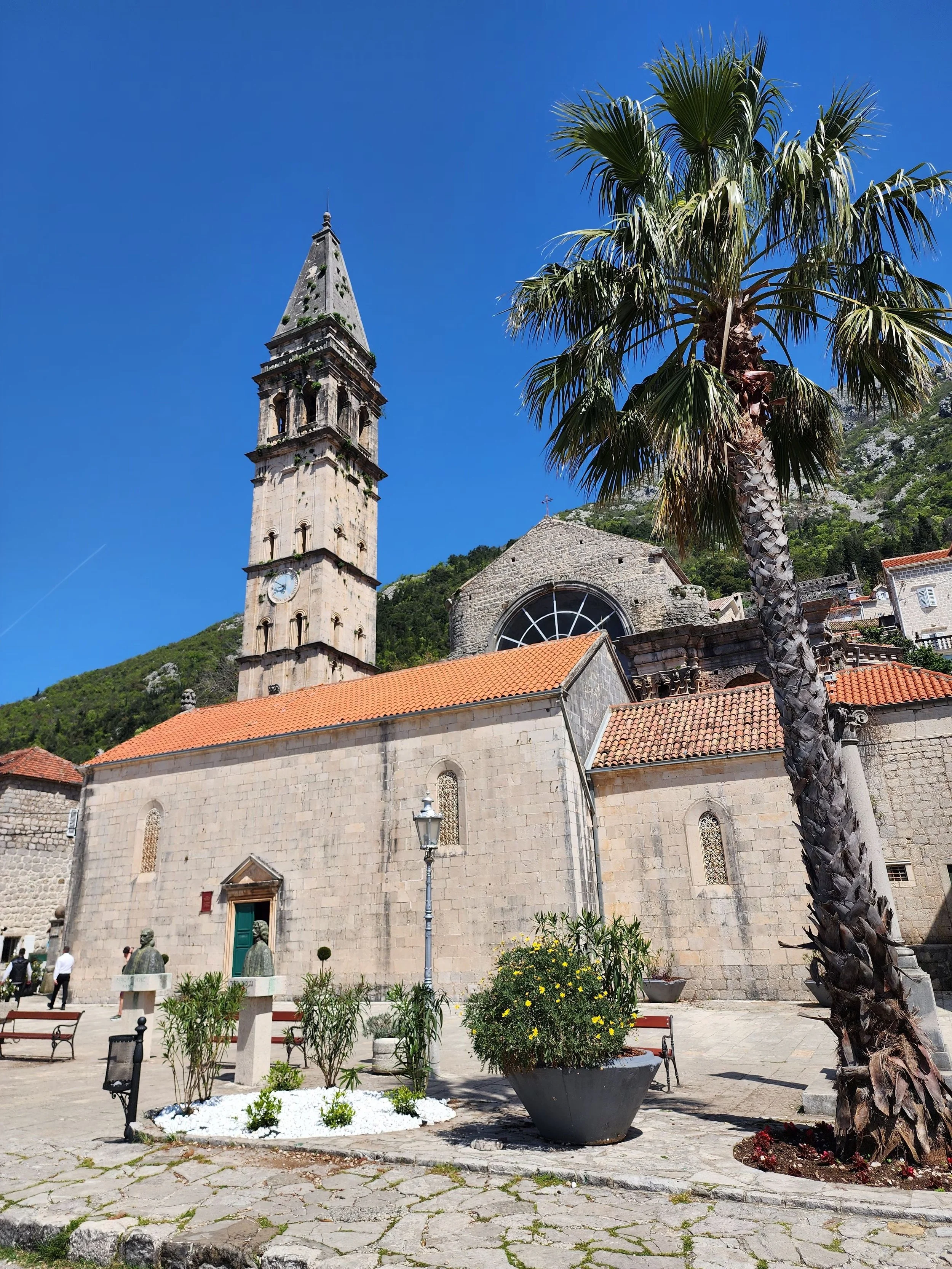 Perast, Montenegro, featuring a historic stone church with a bell tower framed by a palm tree beneath a sunny sky.