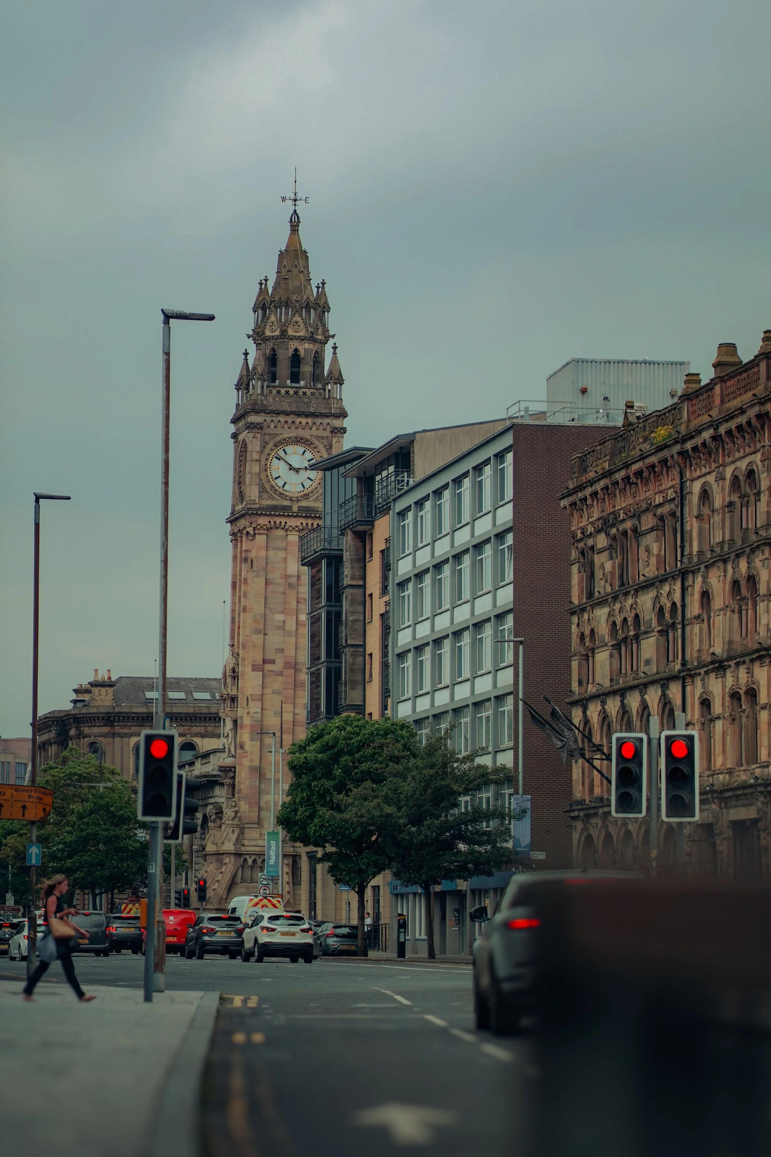 Albert Memorial Clock Tower in Belfast, Northern Ireland, a distinctive Gothic Revival landmark standing prominently against the city skyline.