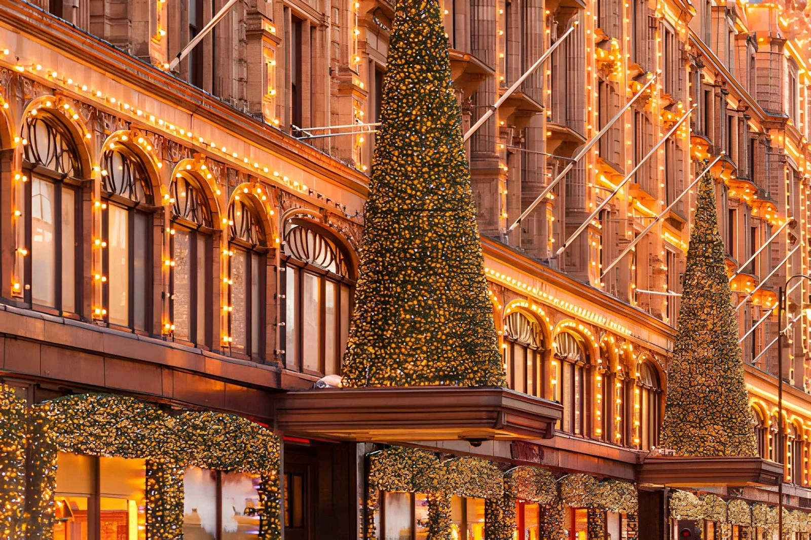 Harrods department store in Knightsbridge, London, illuminated with festive Christmas lights.