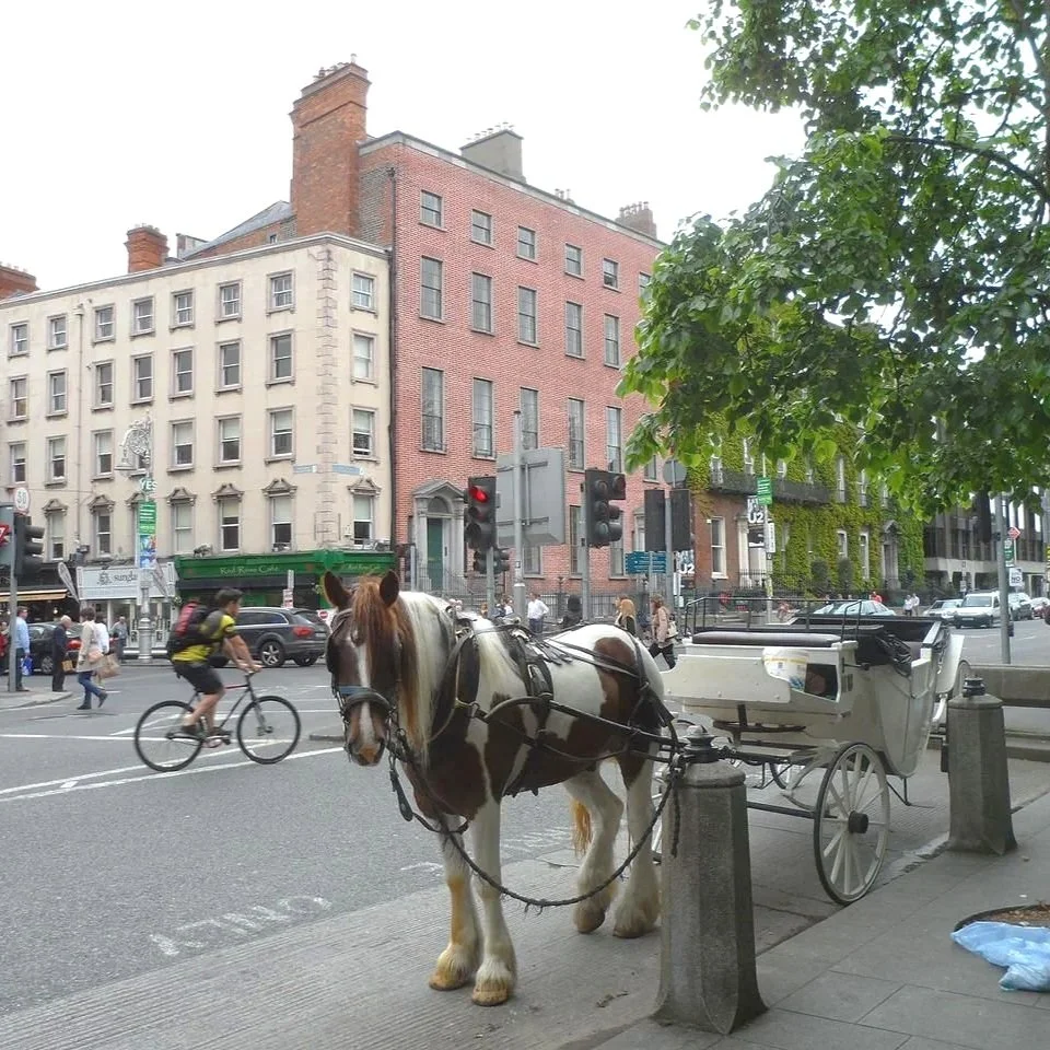 Lord Edward Street in Dublin, Ireland, reflecting the city’s historic character and traditional horse-drawn carriage tours.