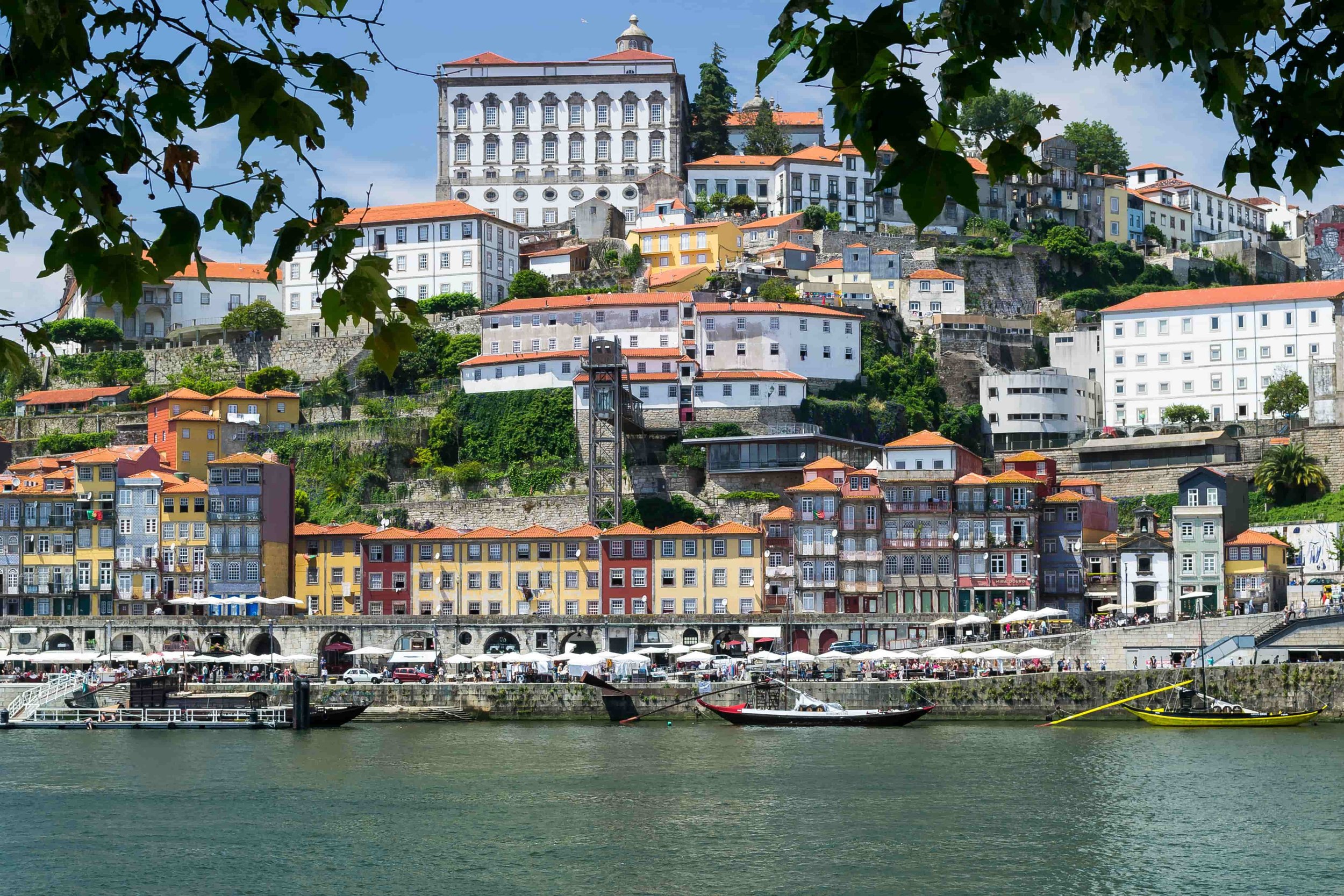 Colorful Ribeira district along the Douro River in Porto, Portugal.
