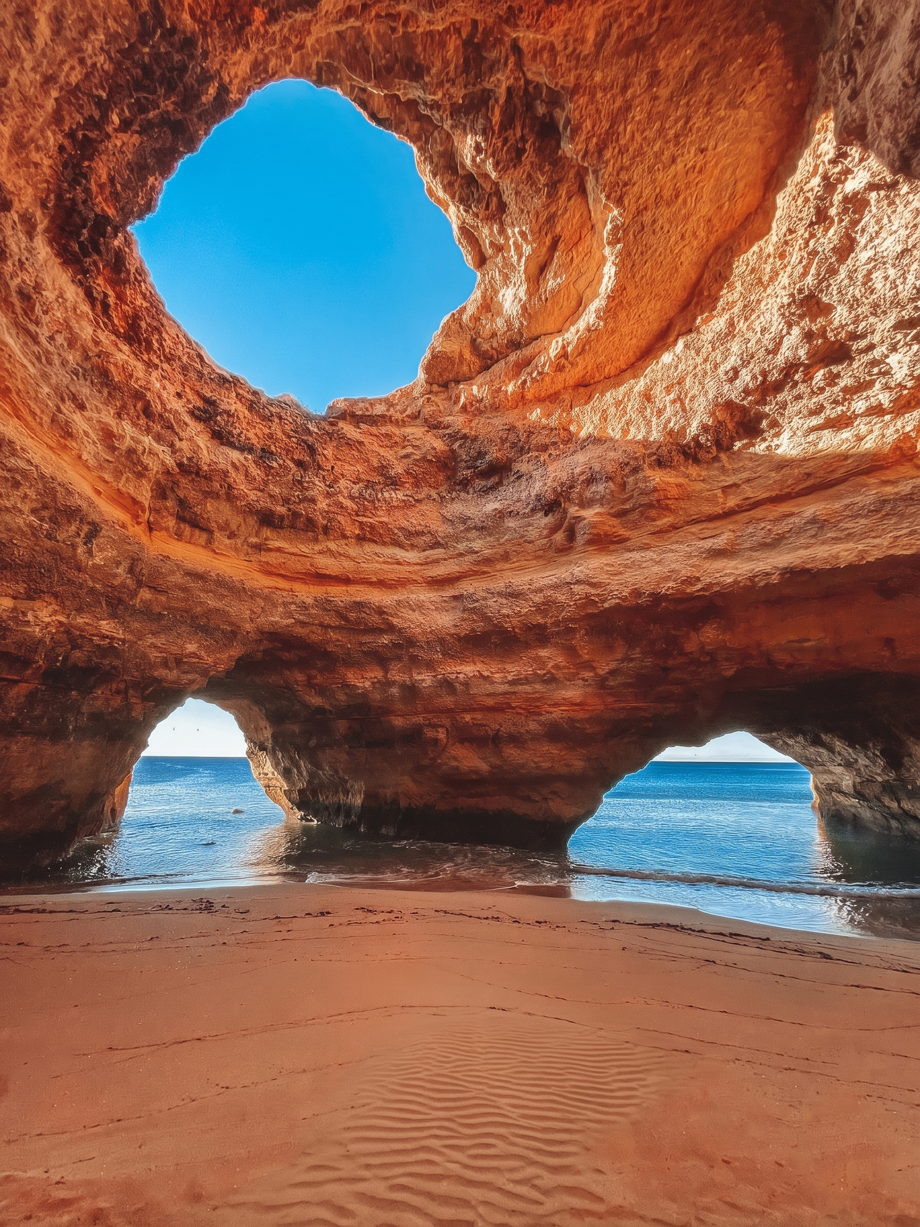 Algarve sea cave with turquoise water from boat perspective.