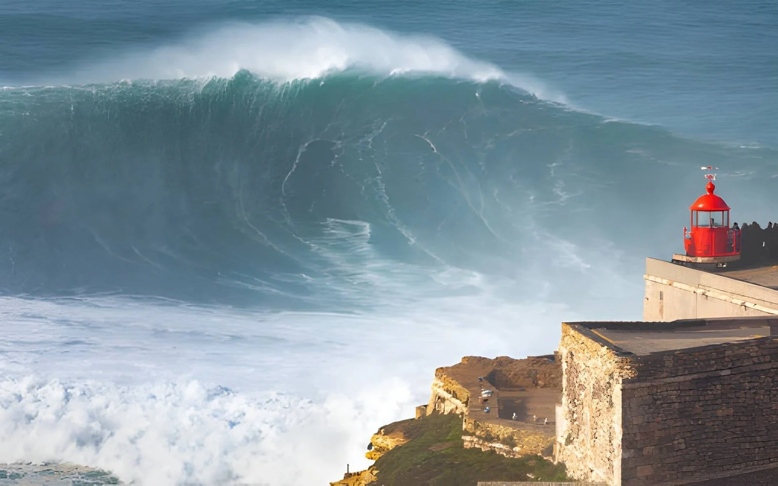 Nazaré Lighthouse at Forte de São Miguel Arcanjo, overlooking the dramatic Atlantic coast in Portugal.