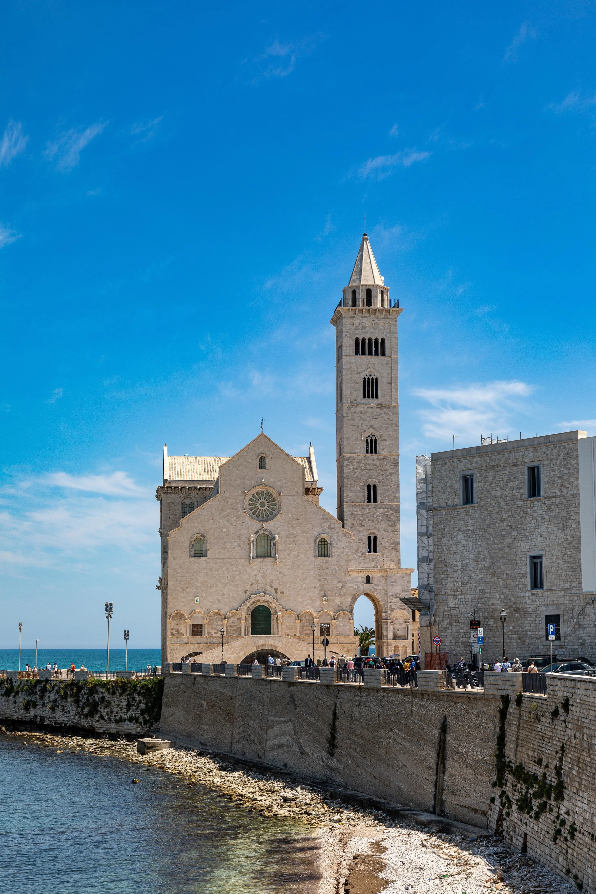 Trani Cathedral, a striking Romanesque church with a pale pink limestone facade and distinctive bell tower on the Adriatic coast of Puglia, Italy.