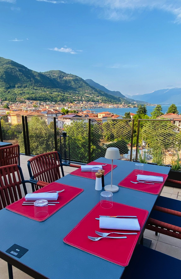 The balcony view overlooking the town of Salò on Lake Garda in Italy.