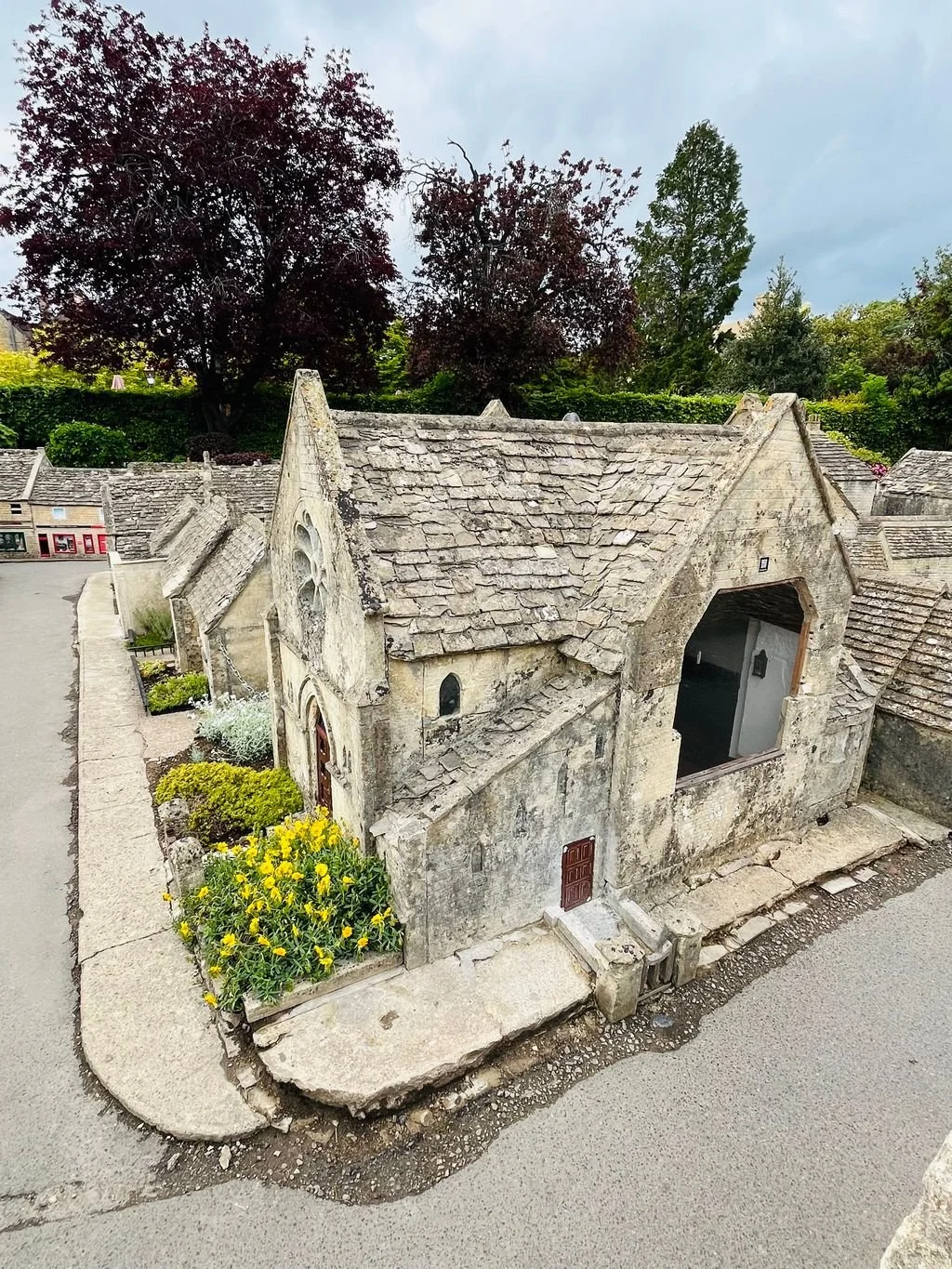Miniature model of Bourton Baptist Church at The Model Village in Bourton-on-the-Water, Cotswolds, England.