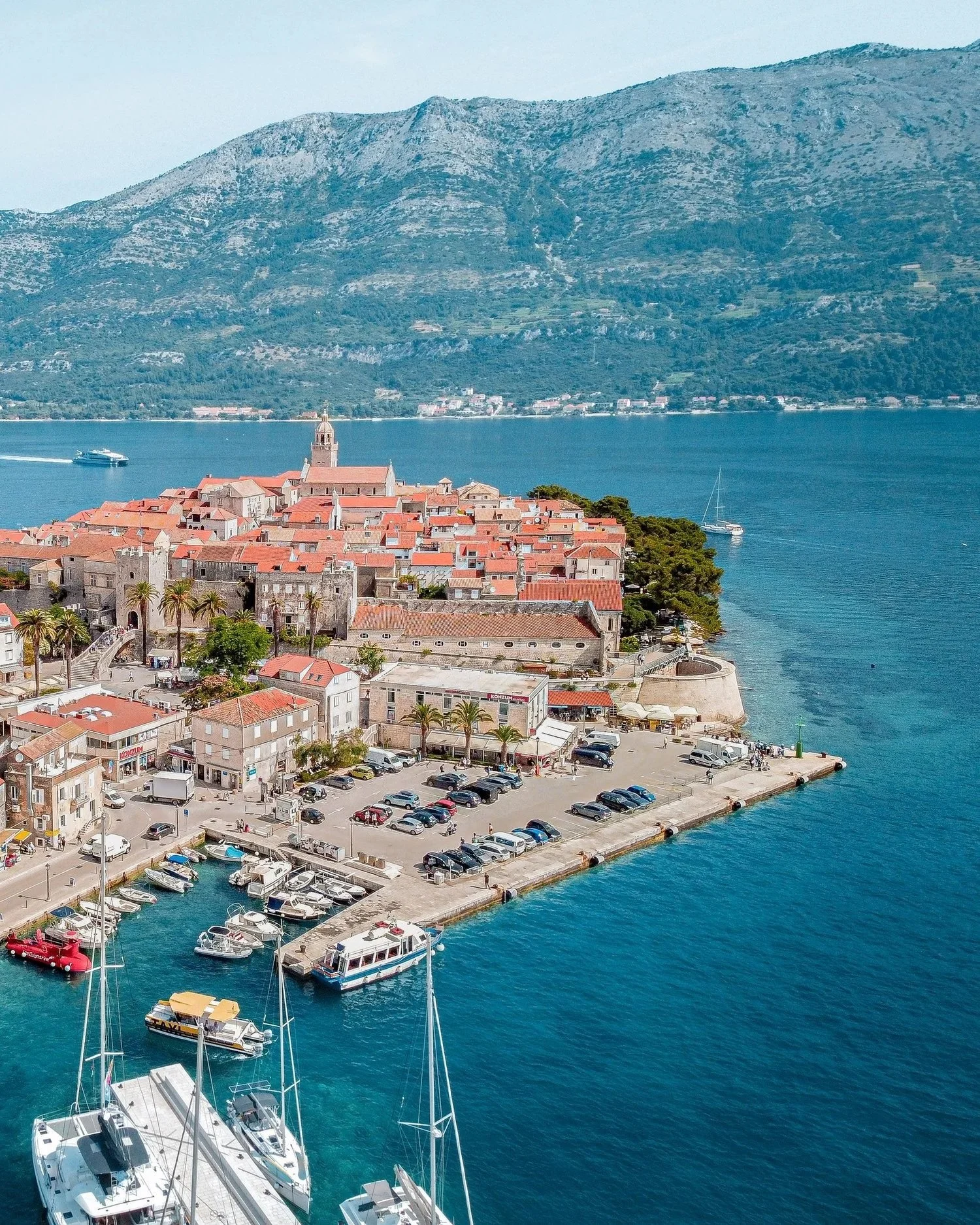 Korčula Old Town, a historic medieval walled city with Venetian-style stone buildings and terracotta rooftops on Croatia’s Adriatic coast.