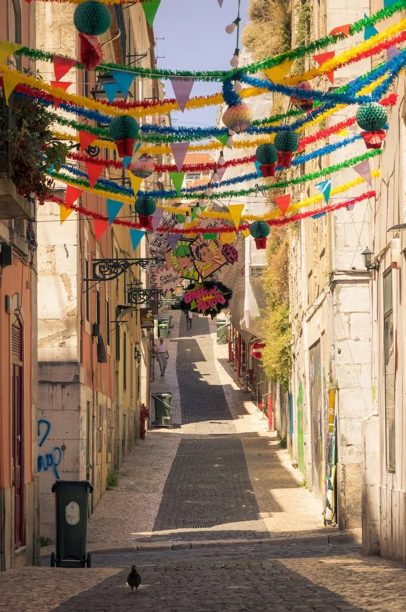 Cobblestone alley in Lisbon’s historic Bairro Alto district, Portugal.