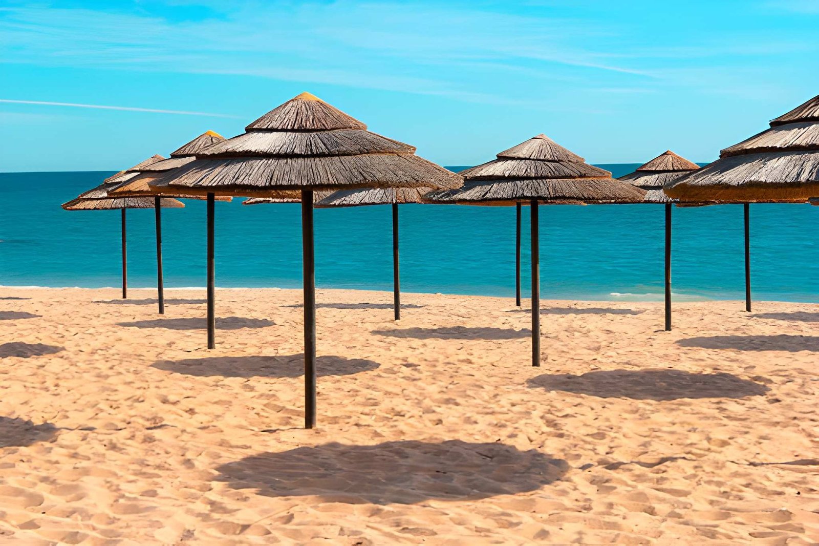 Comporta Beach, known for golden sands, turquoise waters, and straw umbrellas in Portugal.
