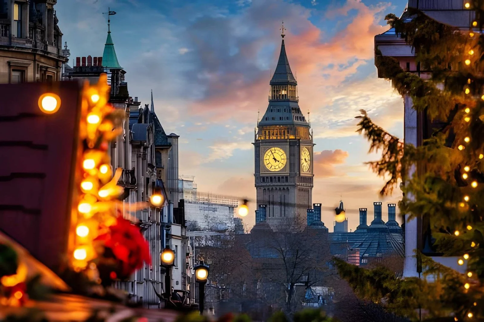 Big Ben illuminated at sunset, with festive lights from the Trafalgar Square Christmas market in the foreground, London, England.