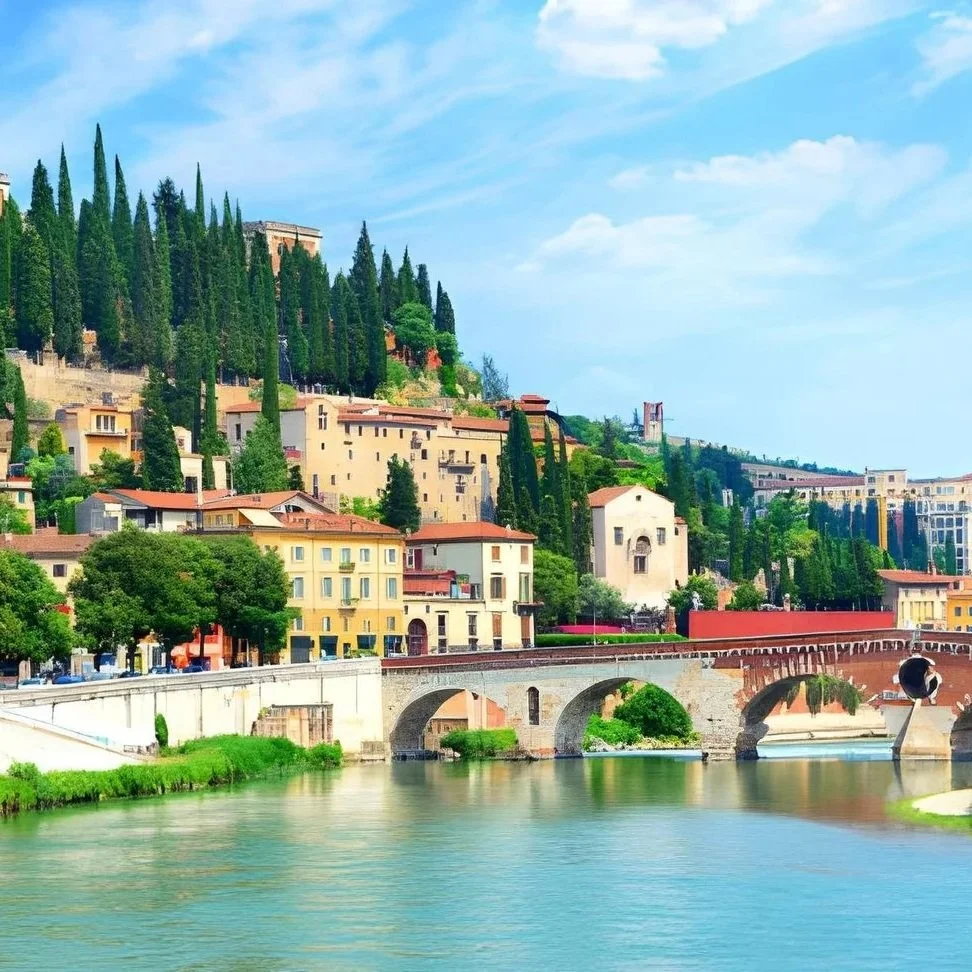 Panoramic view of the Adige River flowing past the historic Ponte Pietra stone bridge and colorful hillside buildings in Verona, Italy under a bright blue sky