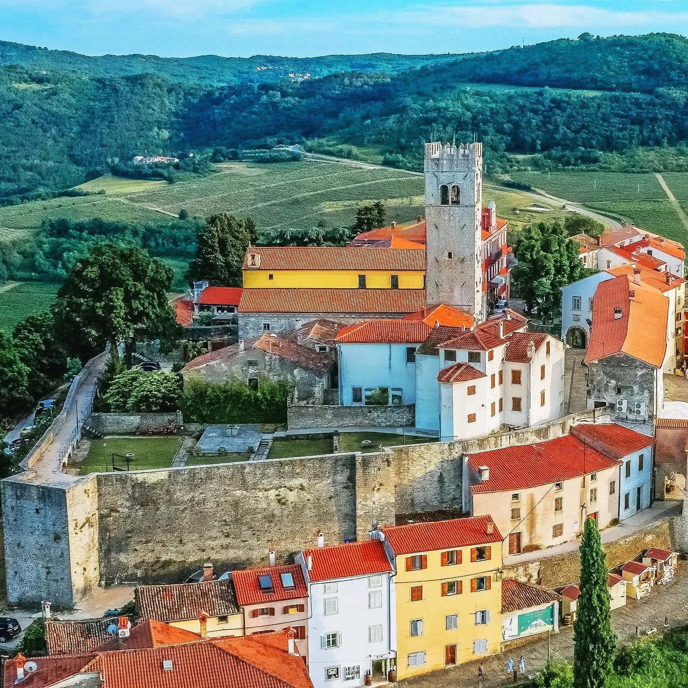 Motovun, Istria, Croatia, a historic hilltop town overlooking the Mirna River Valley, known for its medieval walls, Venetian-style architecture, and truffle-rich forests.