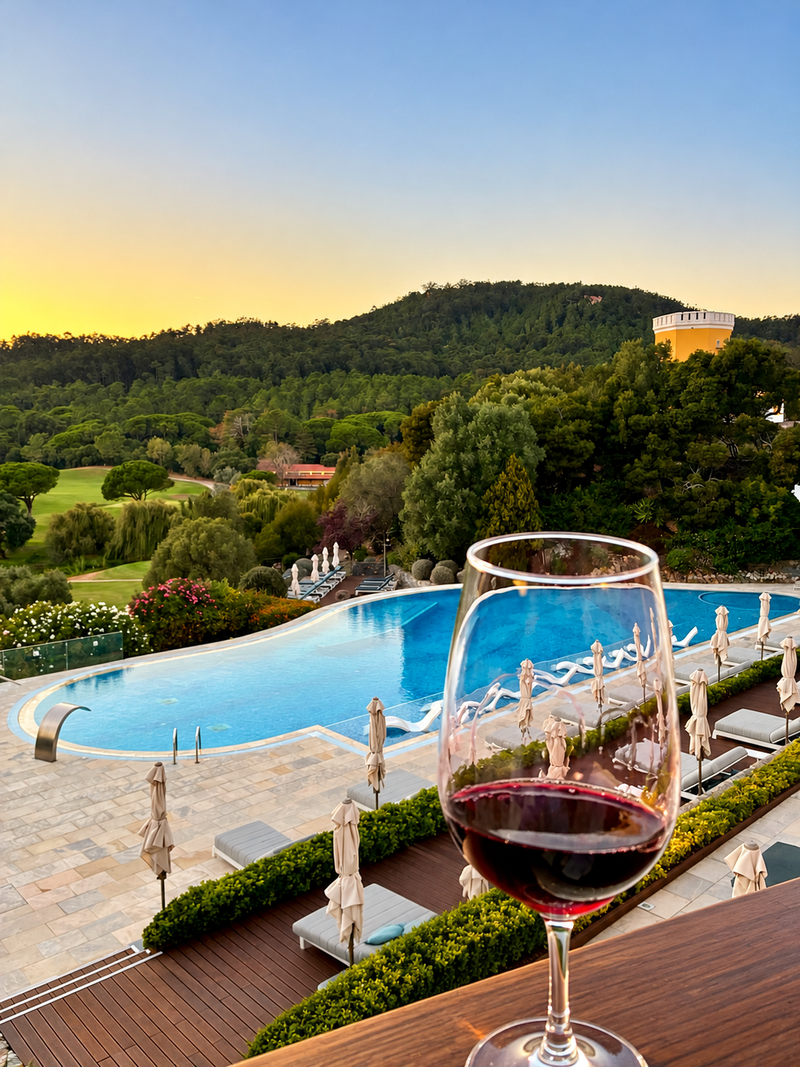 The heated infinity pool at Penha Longa Resort in Sintra, Portugal, overlooking rolling green hills.