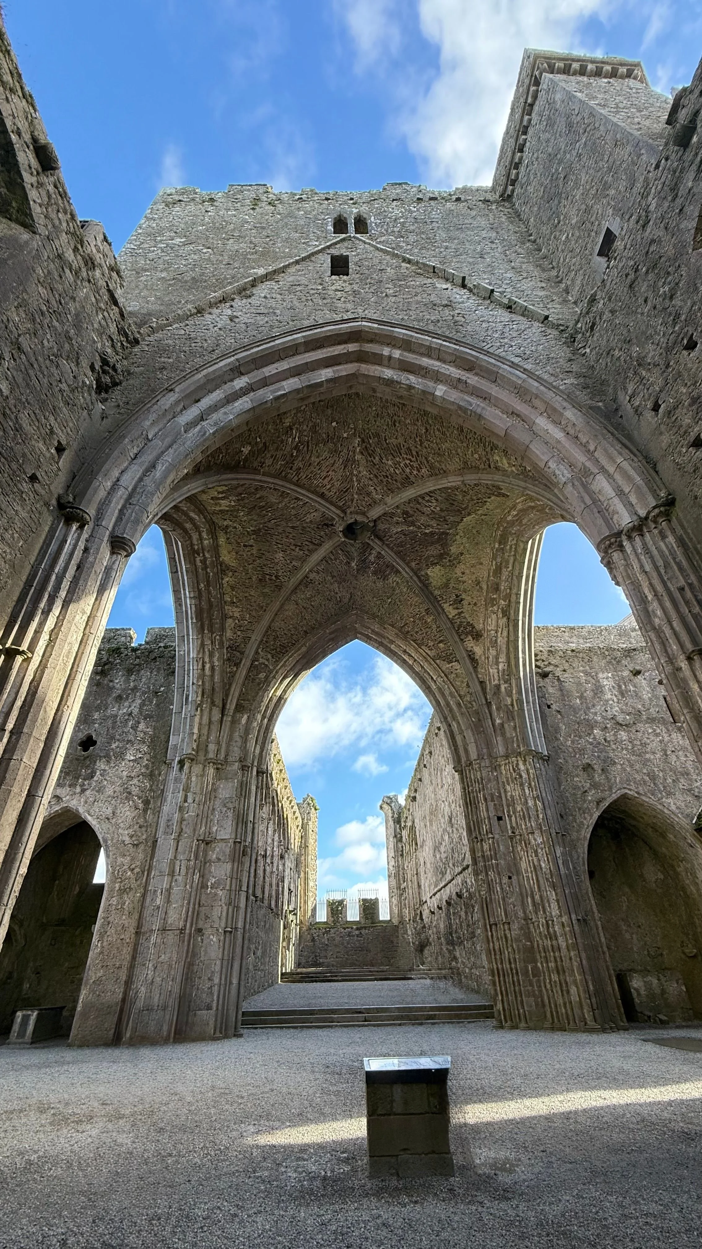 The historic cathedral at the Rock of Cashel, County Tipperary, Ireland, featuring vaulted interiors, medieval Gothic architecture, and impressive stone arches.
