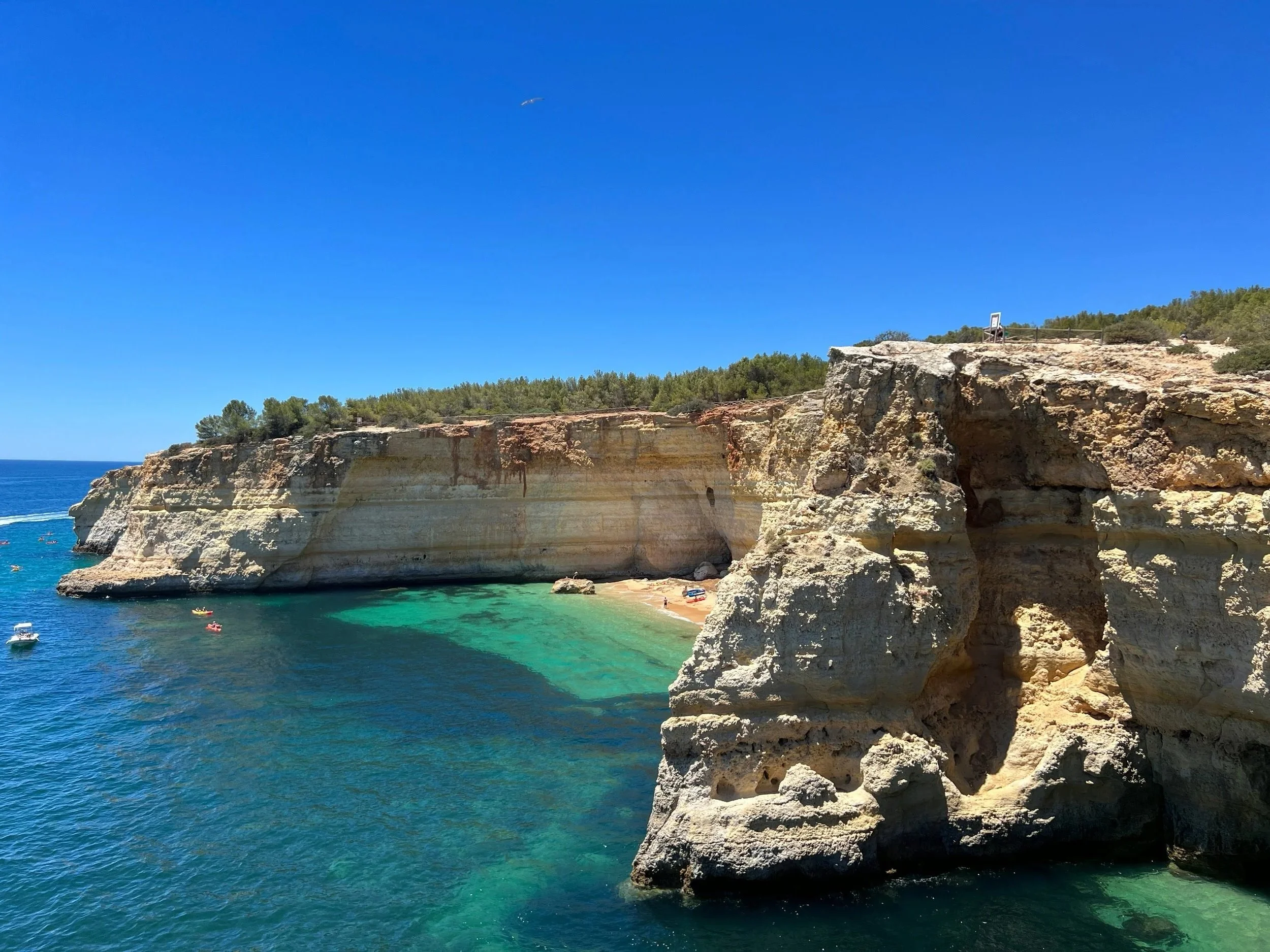 Praia da Corredoura, a scenic Algarve beach with golden limestone cliffs and turquoise waters.