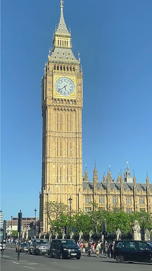 Elizabeth Tower, commonly known as Big Ben, at the Palace of Westminster in London, England.