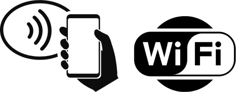 A hand holding a smartphone near a contactless payment terminal.