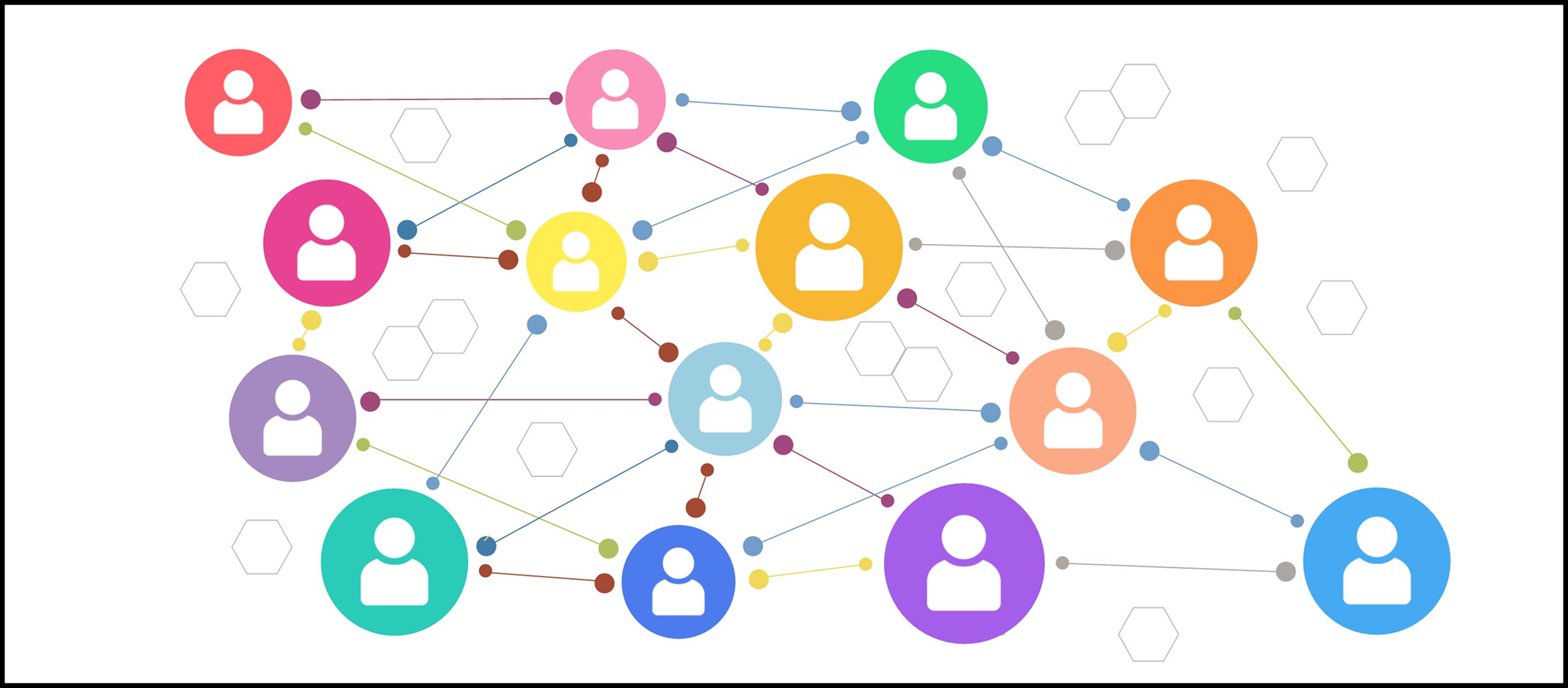 Multiple multi-colored bubbles with human silhouettes connected by lines