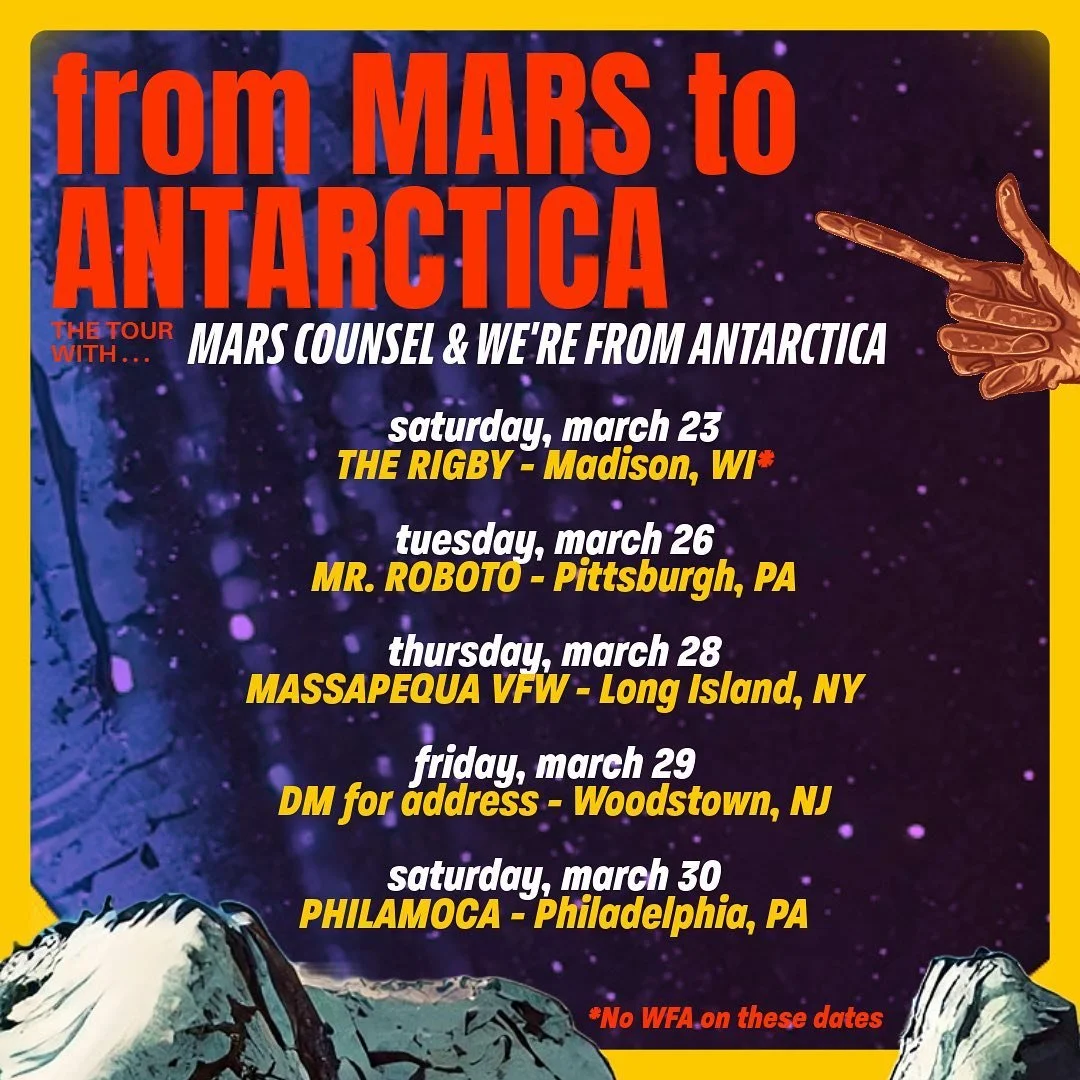 WOAH SPRING BREAK TOUR W @werefromantarctica 👽🌱

Saturday 3/23 &bull; Madison, WI @rigbypub 

Tuesday 3/26 &bull; Pittsburgh, PA @mr_roboto_project 

Thursday 3/28 &bull; Long Island, NY @ Massapequa VFW @goldenhourbooking 

Friday 3/29 &bull; Wood