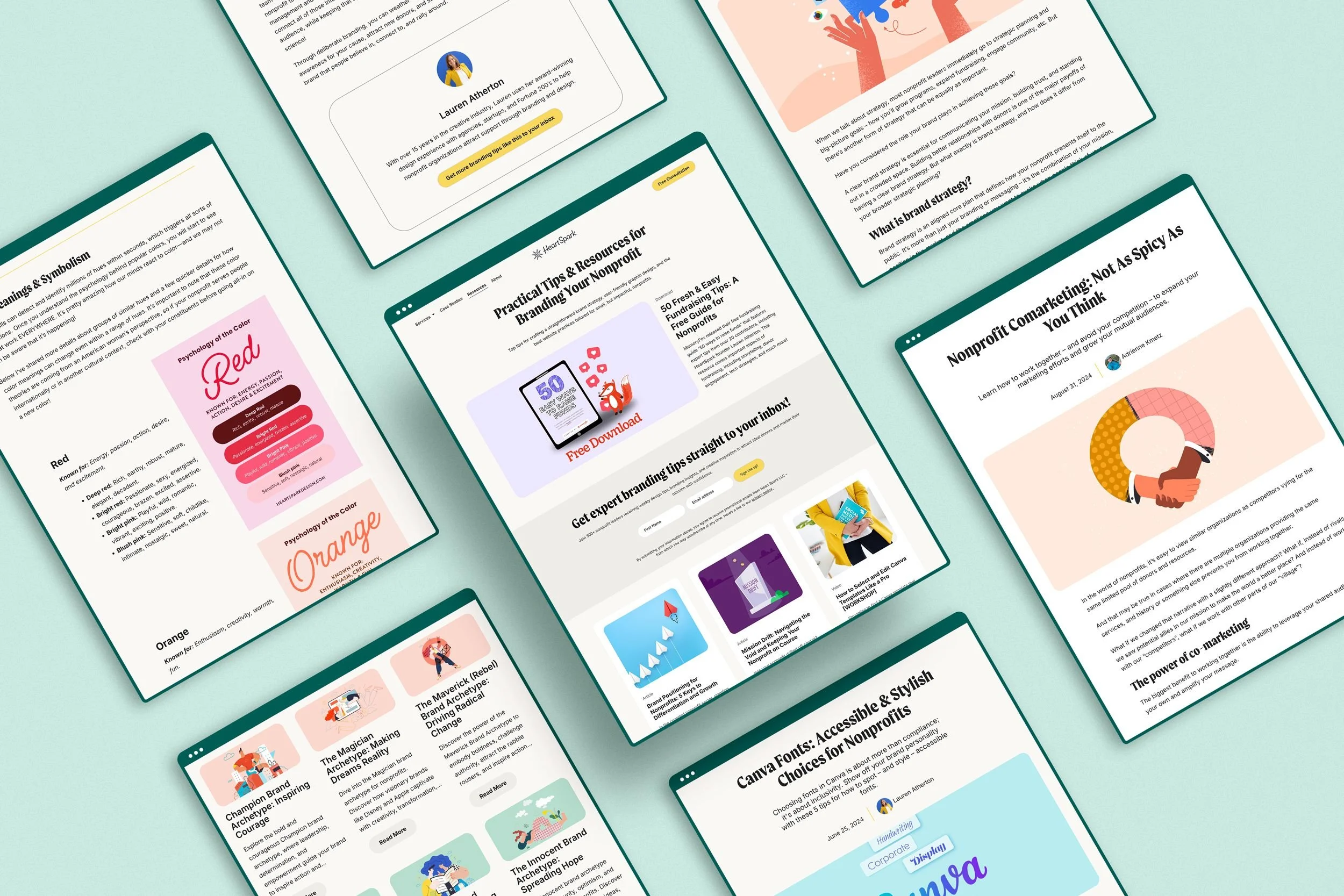 Shows examples of muiltiple articles that were published to Heartspark's resources section. This is SEO for designers.