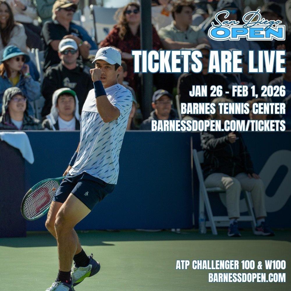 🎟️ Tickets for the 2026 San Diego Open are officially LIVE!

Join us at Barnes Tennis Center for a full week of world-class men&rsquo;s and women&rsquo;s professional tennis, featuring a Men&rsquo;s ATP Challenger 100 and an ITF Women&rsquo;s World 
