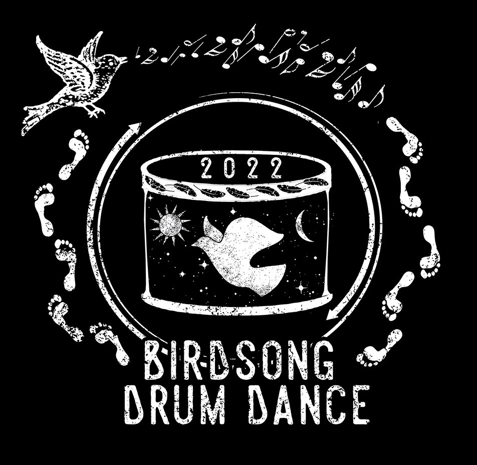 A black and white illustration of a bird, musical notes, footprints, a glass with a bird and stars inside, and the year 2022, with the text "Birdsong Drum Dance".