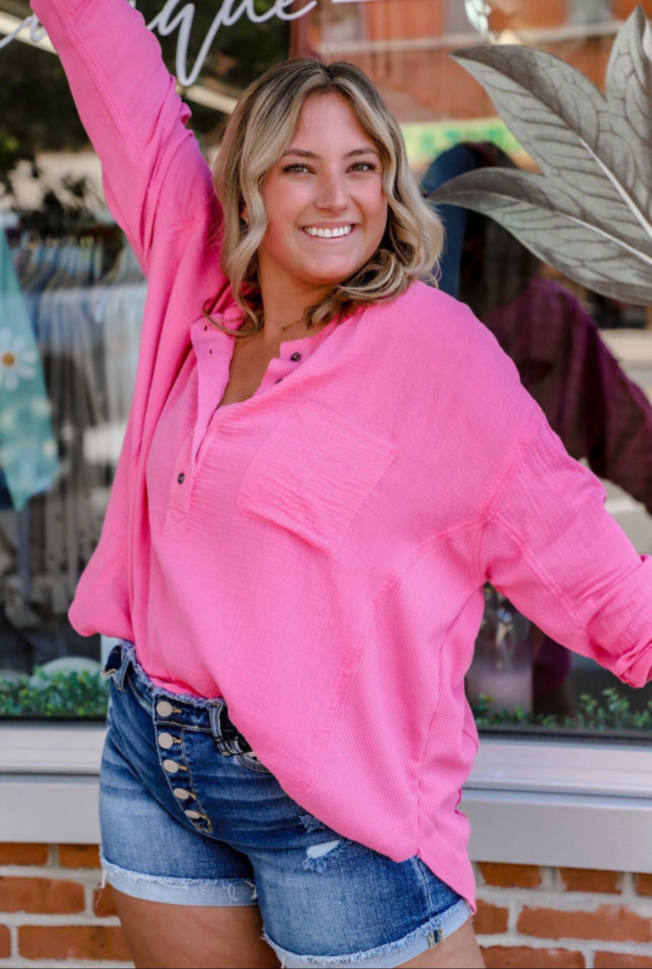 Hot Pink Half Button Top Plus Size